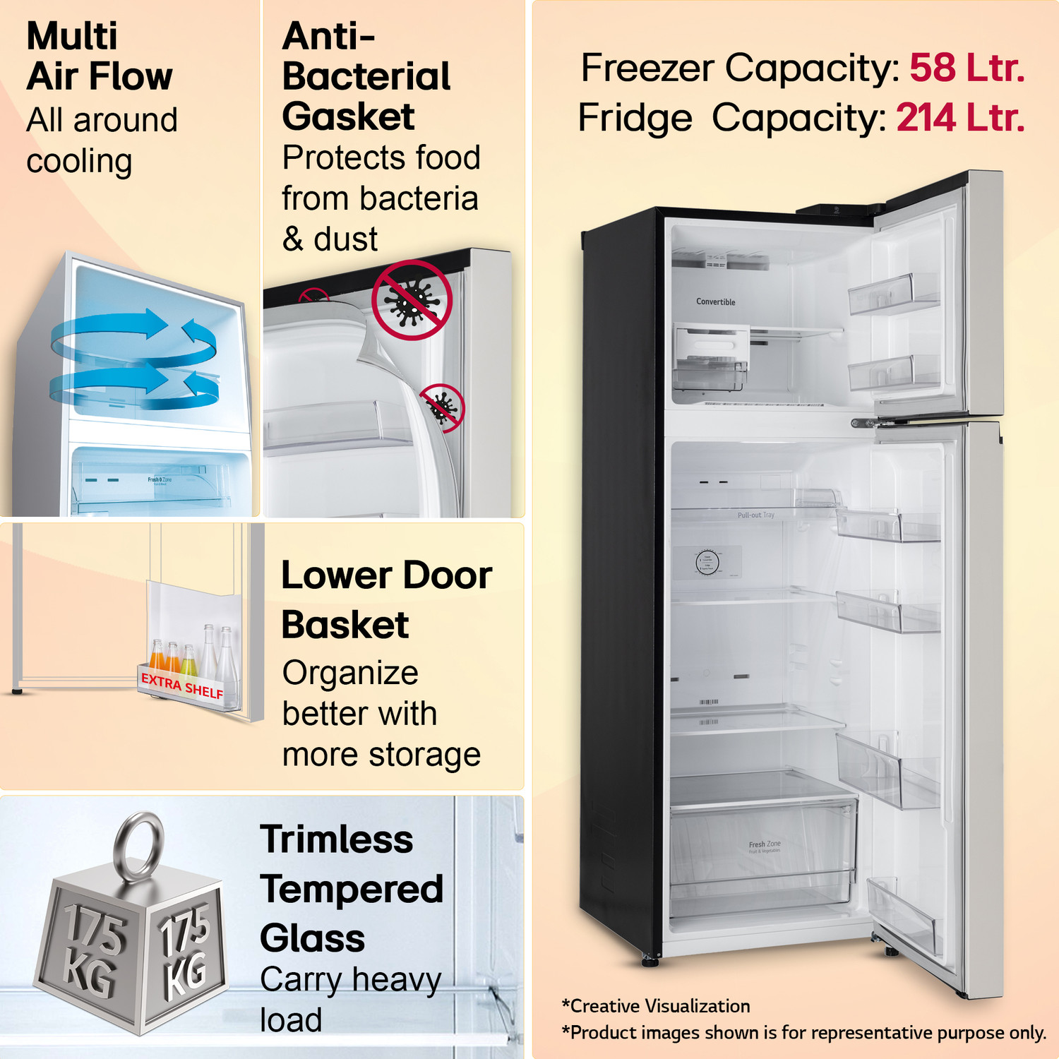 Image of LG 272 L Frost Free Double Door 2 Star Convertible Refrigerator with Smart Inverter Compressor & Multi Air Flow