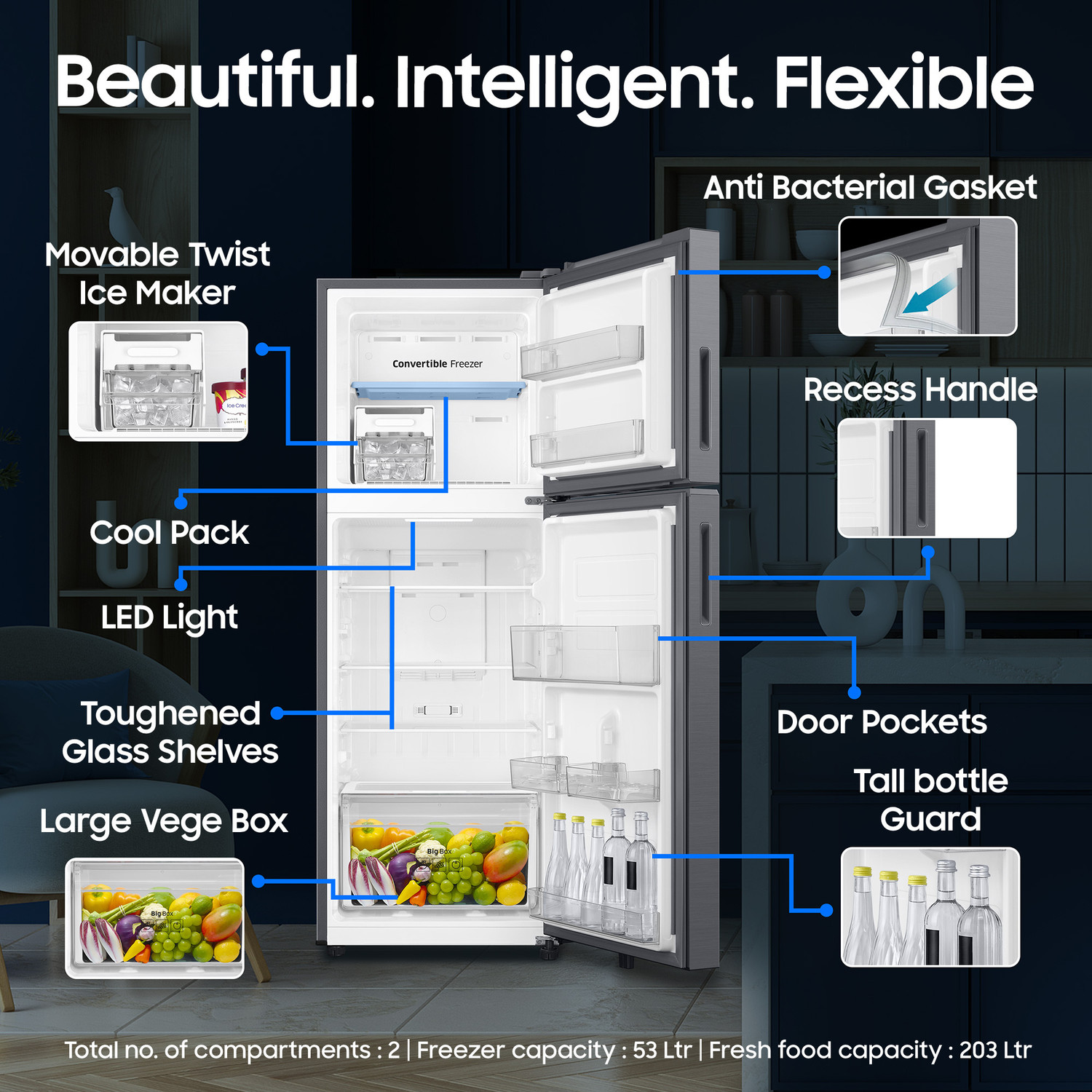 Image of Samsung 256 L Frost Free Double Door 3 Star Refrigerator with Convertible, Digital Inverter, 2026 Model