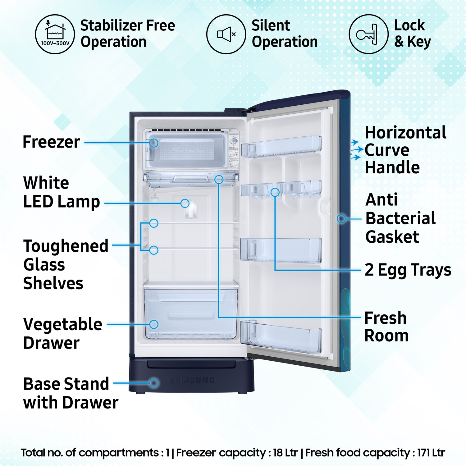 Image of Samsung 189 L Direct Cool Single Door 5 Star Refrigerator with Base Drawer with Digital Inverter