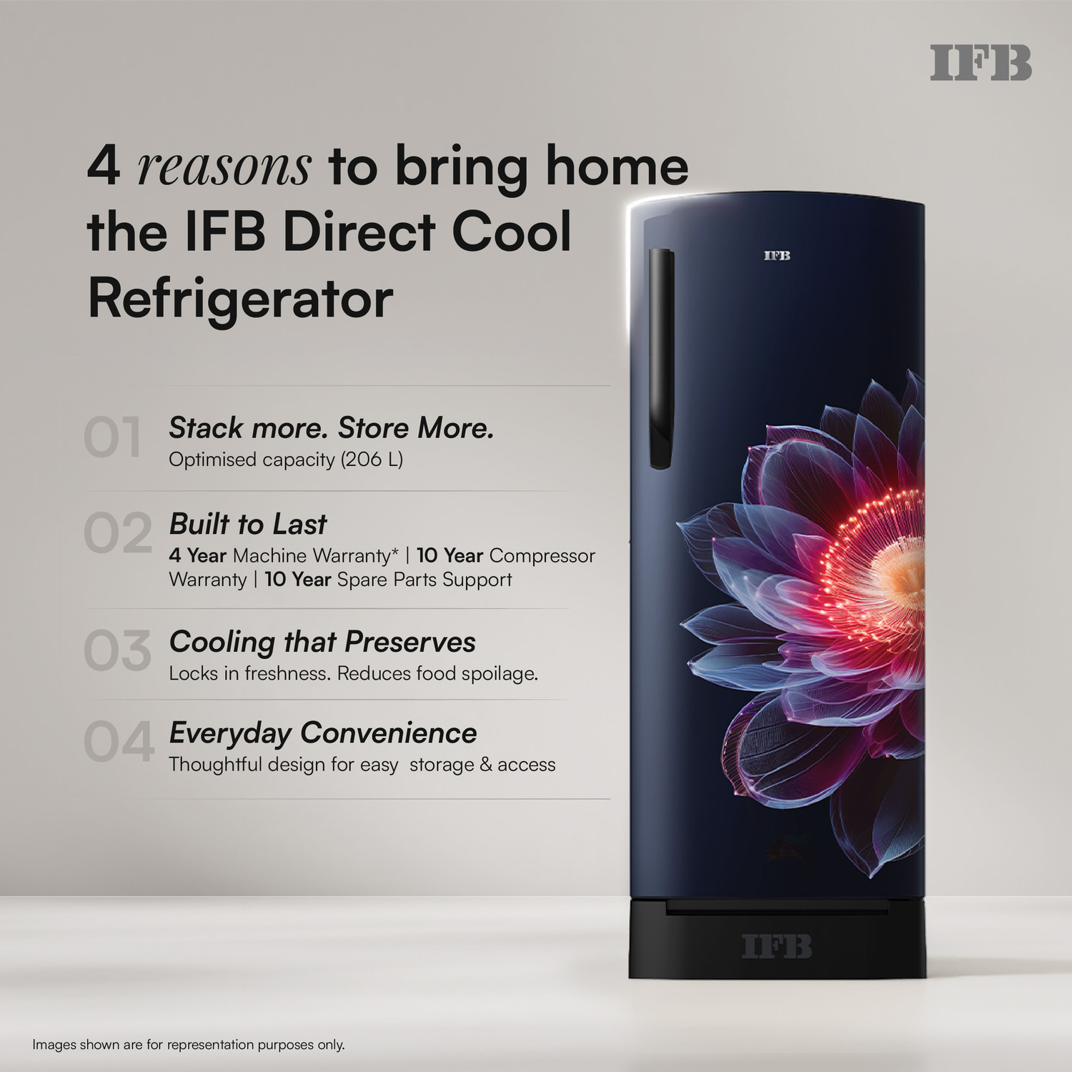 Image of IFB 206 L Direct Cool Single Door 4 Star Refrigerator with Base Drawer with 30 Hrs Cooling Retention, Big Vegetable Box with Humidity Controller (25 Days Fresh), XL Bottle Bin, Advanced Inverter Compressor & 4 Year Super Warranty