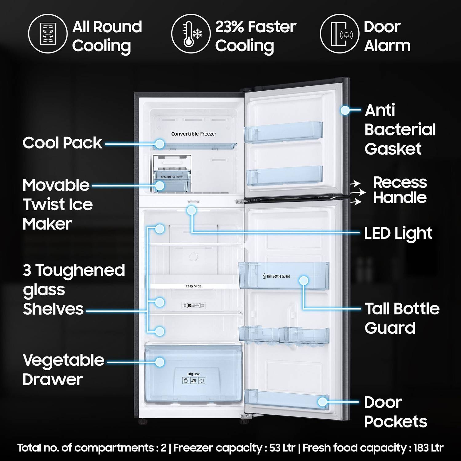 Samsung 236L Frost Free Double Door 3 Star Convertible Refrigerator - Image 4