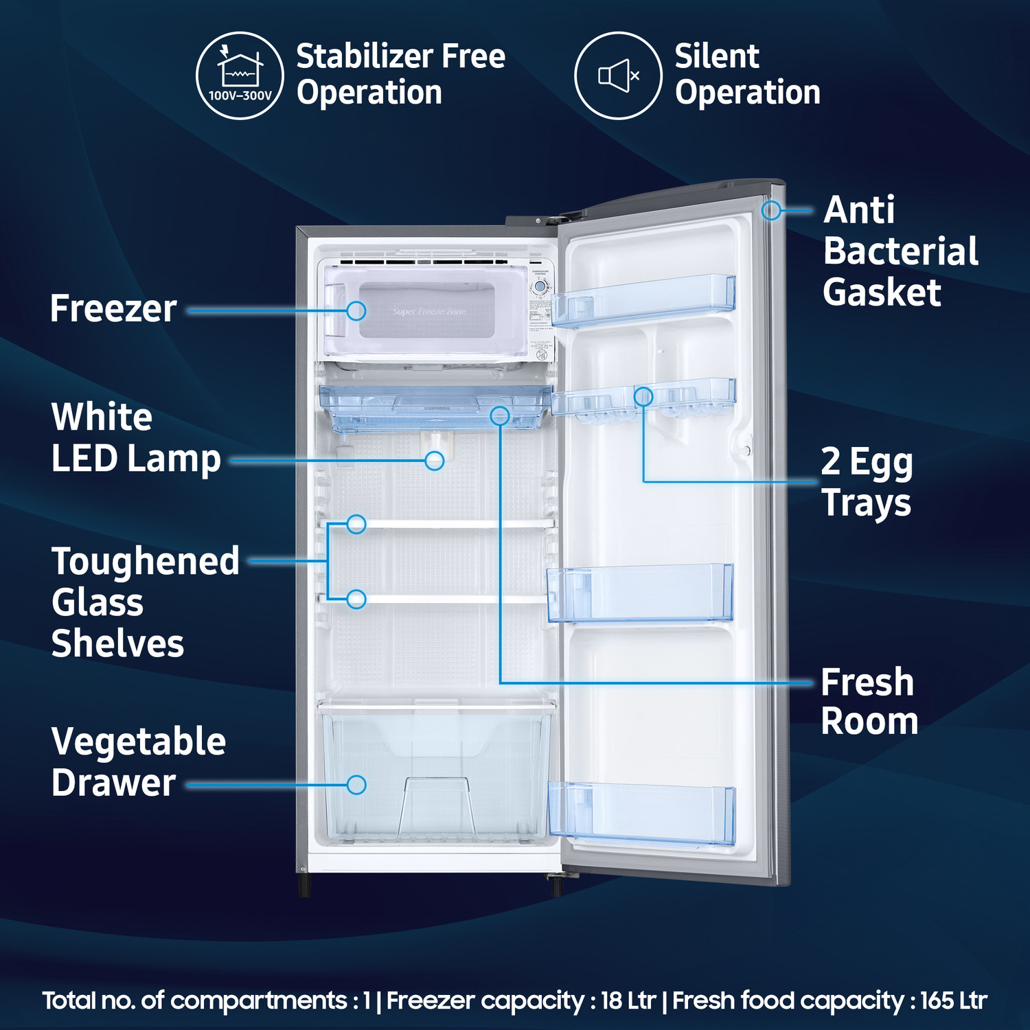 Image of Samsung 183 L Direct Cool Single Door 2 Star Refrigerator with Digital Inverter, Single Touch Defrost, 2026 Model