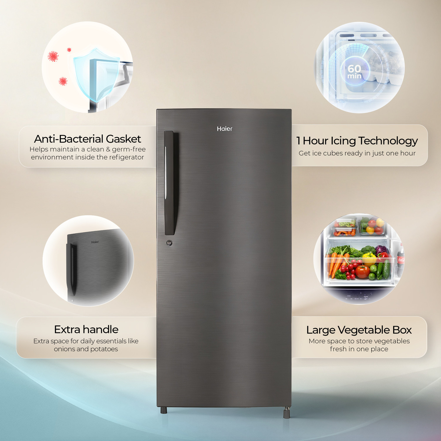Image of Haier 190 L Direct Cool Single Door 5 Star Refrigerator with Ice Formation possible in 60 Minutes, Easy & Safe Clean back, Large Veg Box, Lock & Key
