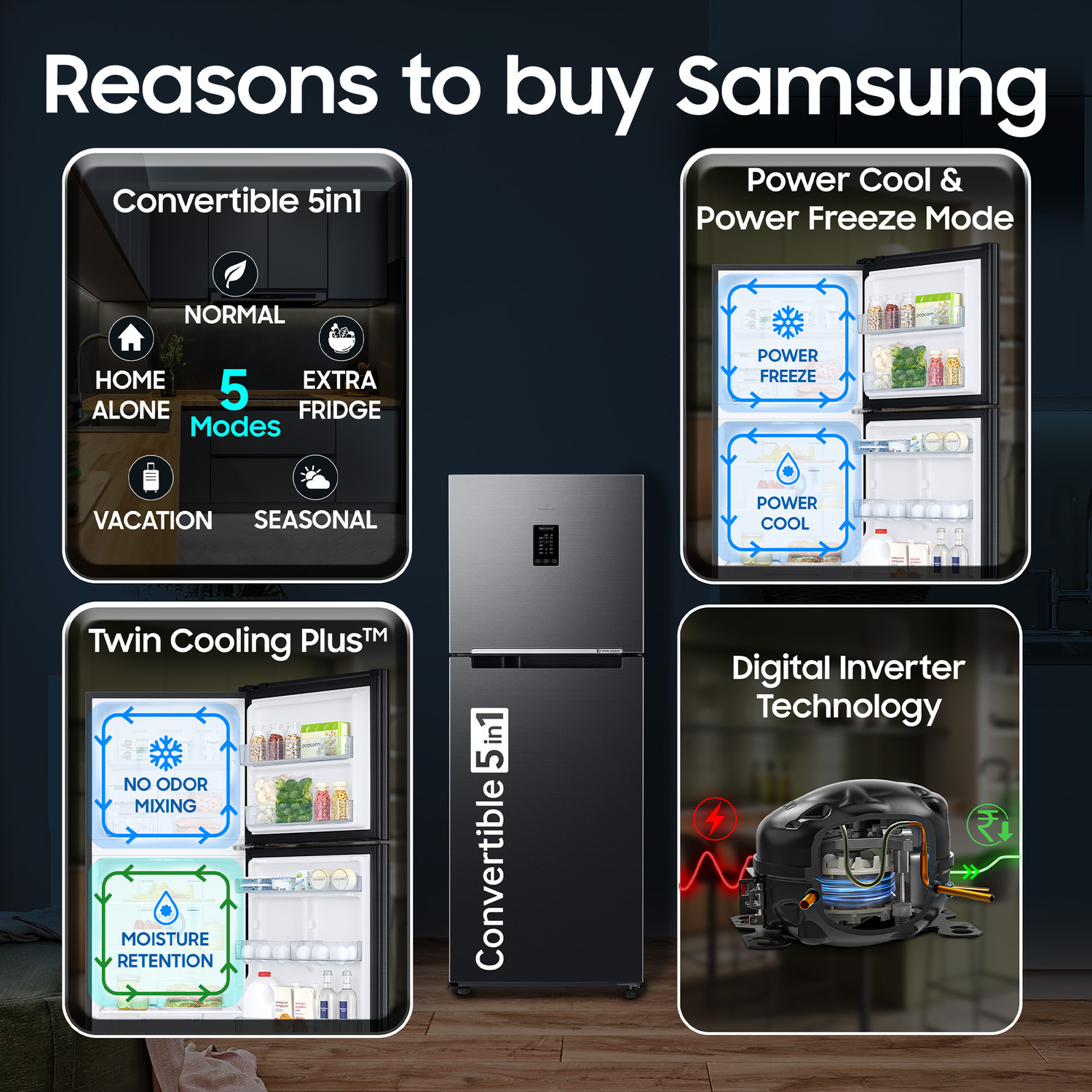 Image of Samsung 301 L Frost Free Double Door 2 Star Refrigerator with Convertible 5-in-1, Digital Inverter, Digital Display, 2026 Model