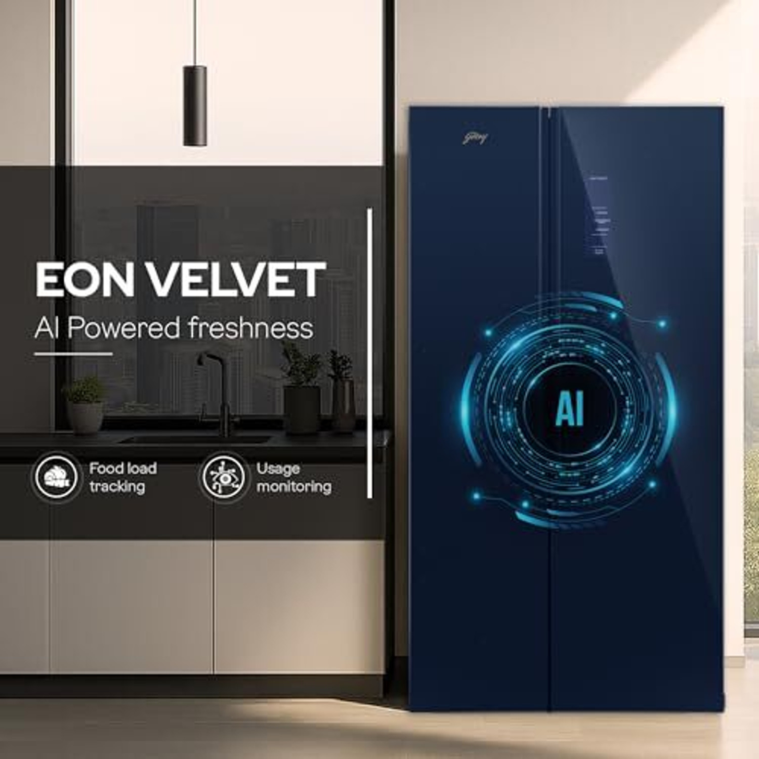 Image of Godrej 600 L Frost Free Side by Side 3 Star Refrigerator with Smart Convertible AI Powered 3 Intelligent Modes Glass Door Digital Touch Panel Inverter