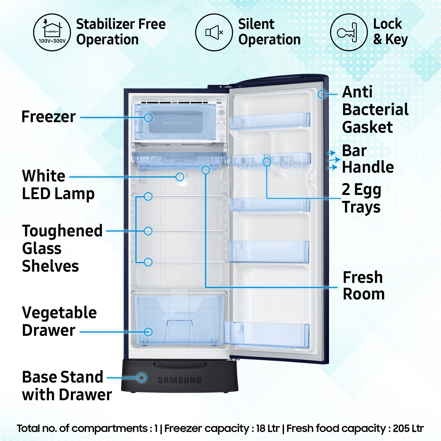 Image of Samsung 223 L Direct Cool Single Door 3 Star Refrigerator with Base Drawer with Digital Inverter, Single Touch Defrost, 2026 Model