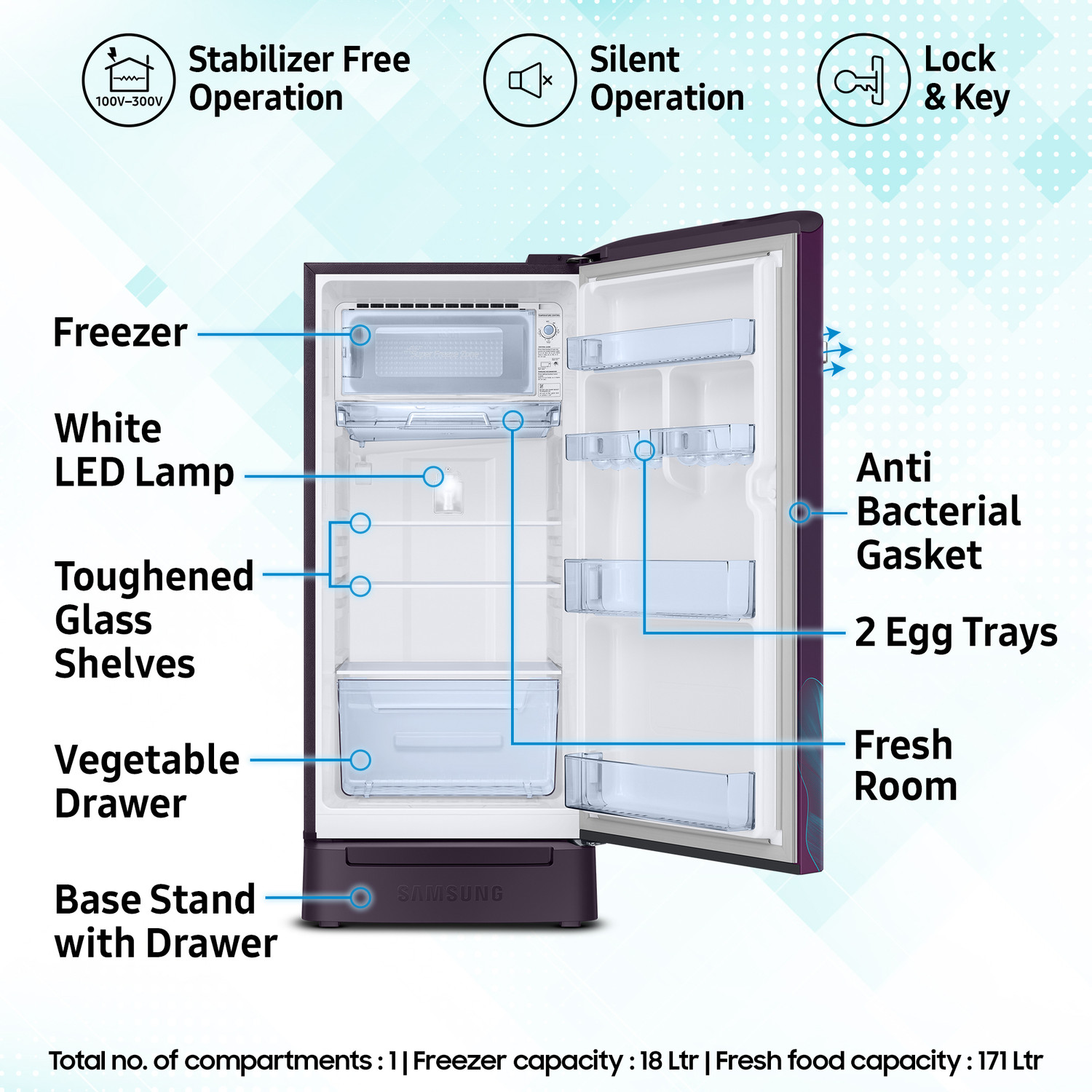 Image of Samsung 189 L Direct Cool Single Door 5 Star Refrigerator with Base Drawer with Digital Inverter