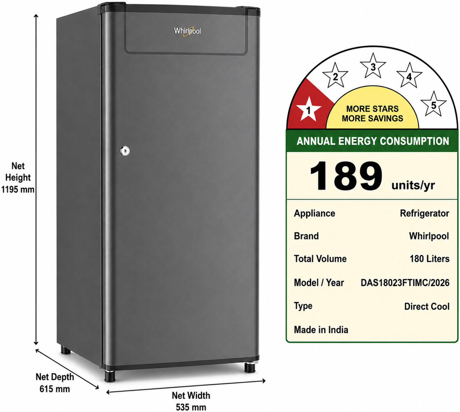 Image of Whirlpool 180 L Direct Cool Single Door 1 Star Refrigerator