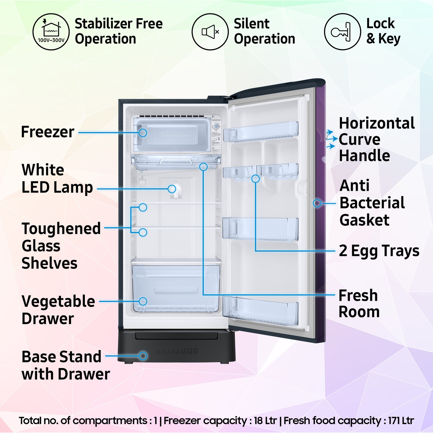 Image of Samsung 189 L Direct Cool Single Door 5 Star Refrigerator with Base Drawer with Digital Inverter, Single Touch Defrost, 2026 Model