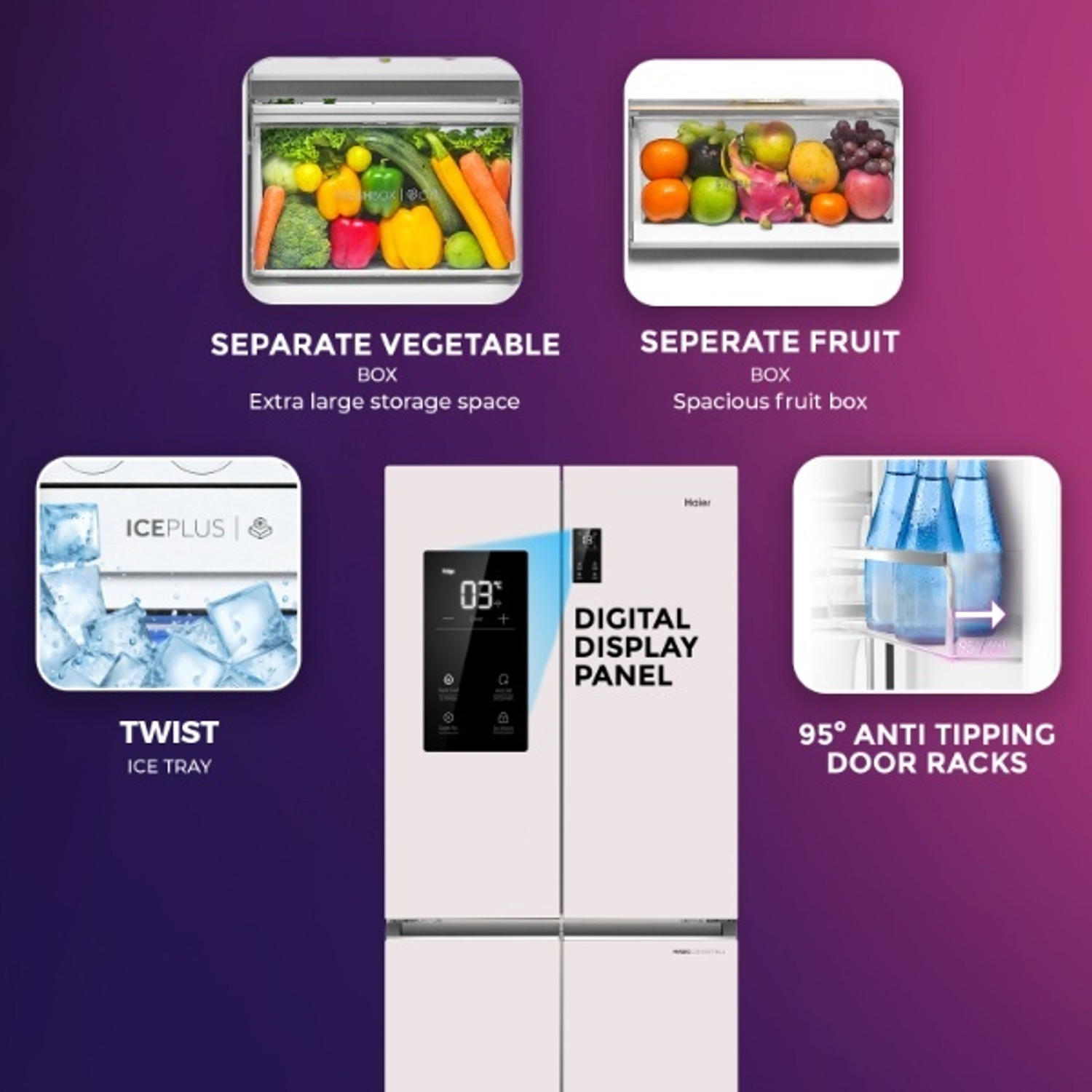 Image of Haier 520 L Frost Free Multi-Door 3 Star Convertible Refrigerator with Lumiere,Triple Inverter French Door Side by Side (Magic Convertible Zone, Vogue Colourful Steel, Deo Fresh Technology,2026 Model)