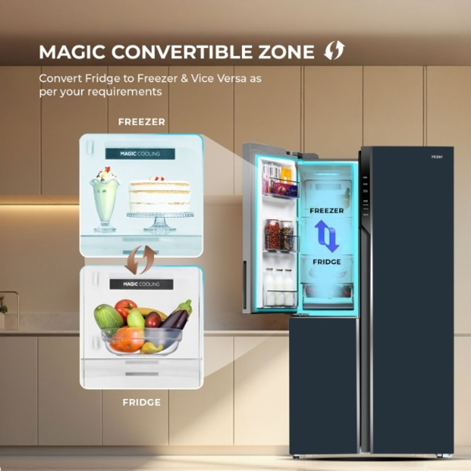 Image of Haier 598 L Frost Free Side by Side 3 Star Convertible Refrigerator with Expert Inverter Smart Sense AI enabled 3-Door , 3 Star ,(Magic Convertible Zone, Premium Vogue Glass, 2026 Model)