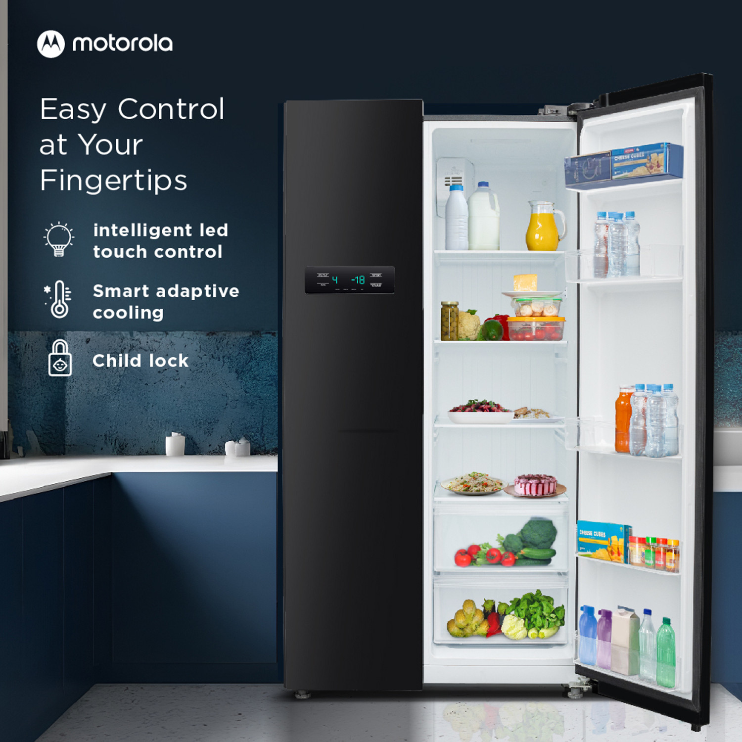 Image of MOTOROLA 584 L Frost Free Side by Side Refrigerator with Intelligent LED Touch Control Panel and Smart Adaptive Cooling