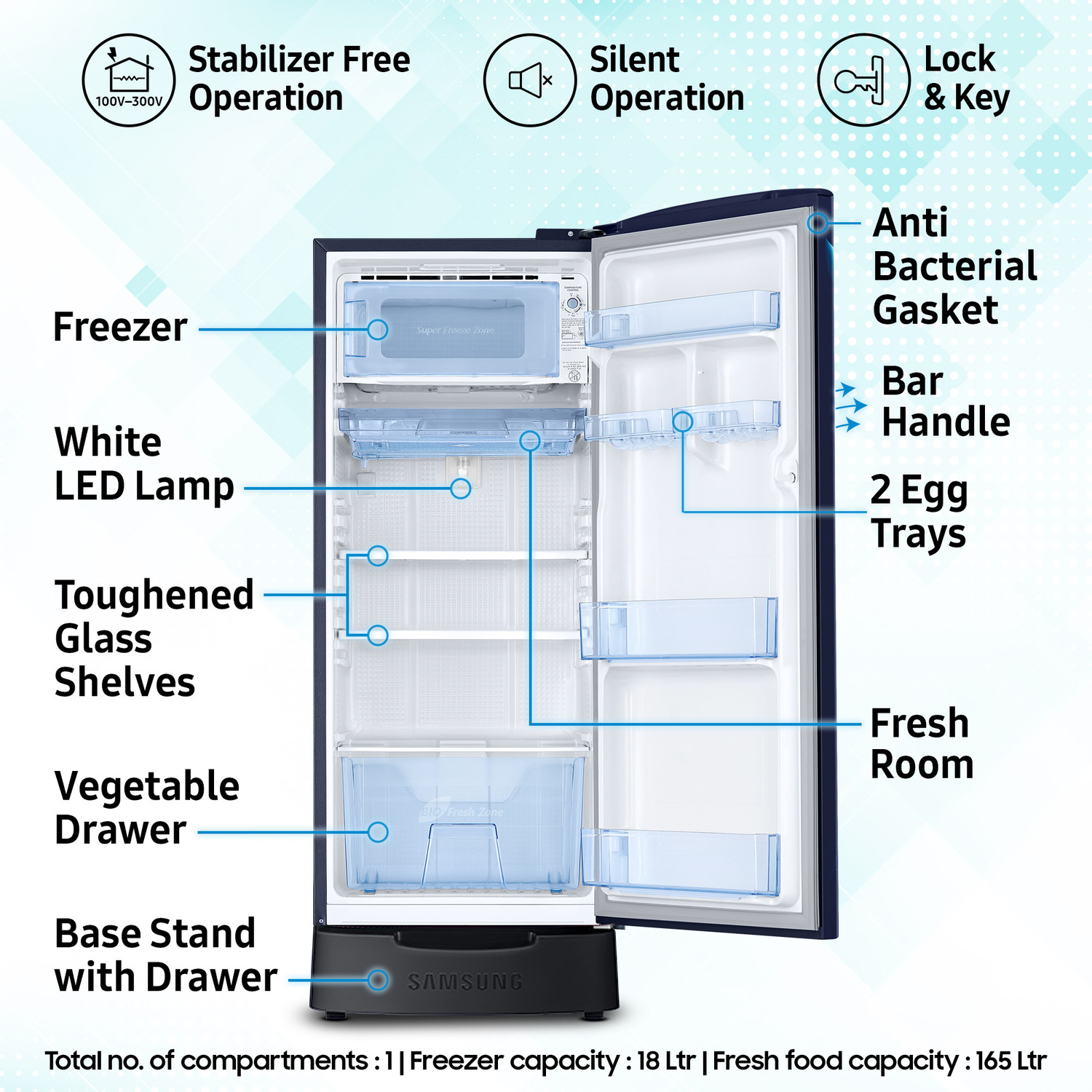 Image of Samsung 183 L Direct Cool Single Door 5 Star Refrigerator with Base Drawer