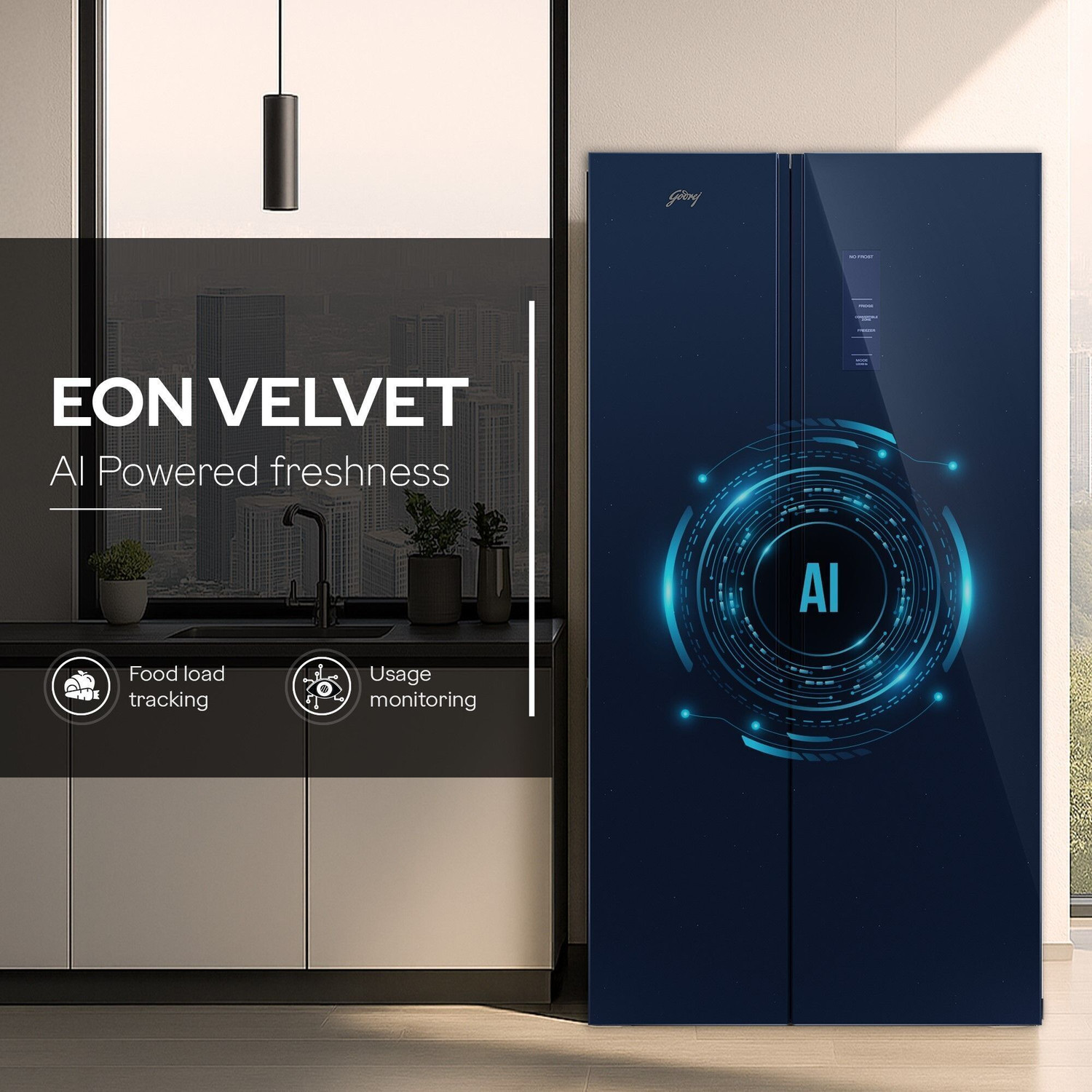 Image of Godrej 600 L Frost Free Side by Side 3 Star Refrigerator with Smart Convertible AI Powered 3 Intelligent Modes Glass Door Digital Touch Panel Inverter