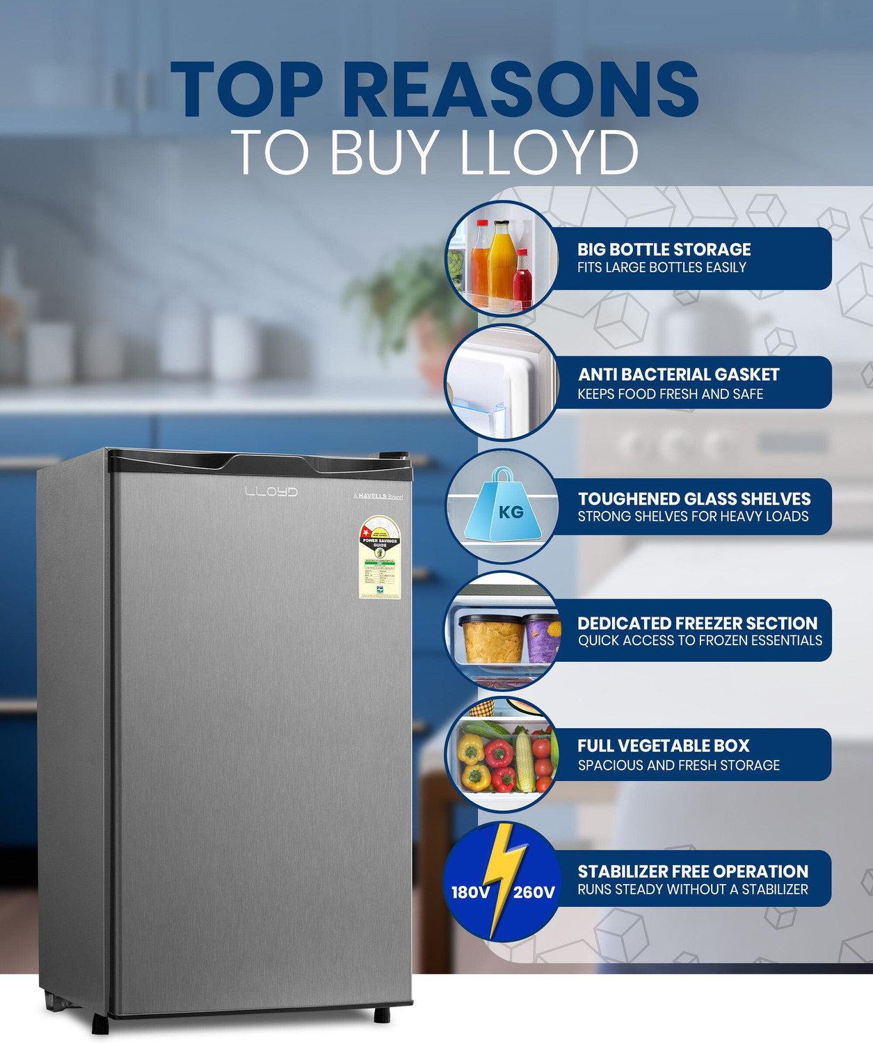 Image of Lloyd by Havells 92 L Direct Cool Single Door 1 Star Refrigerator with Dedicated Freezer Section Big Bottle StorageFull Vegetable Box