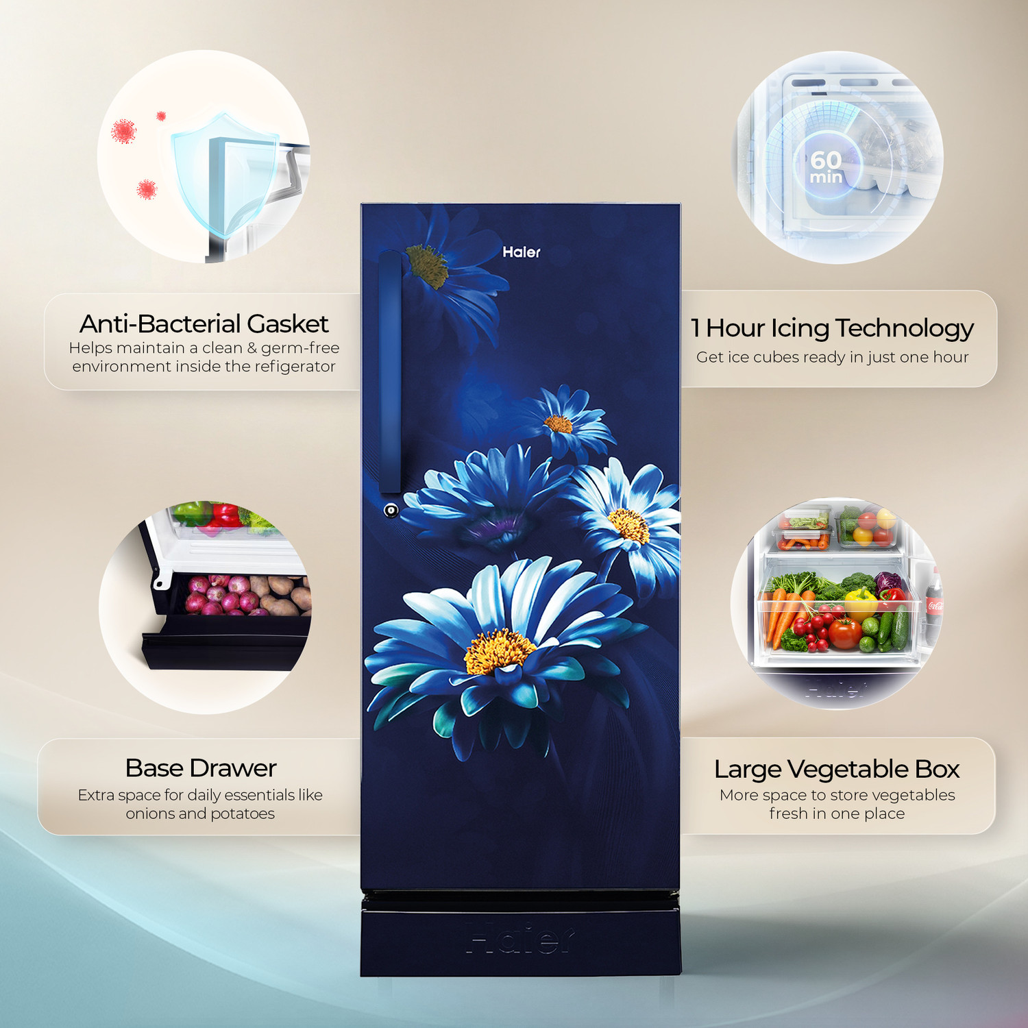 Image of Haier 190 L Direct Cool Single Door 5 Star Refrigerator with Base Drawer with Base Stand Drawer, Fast Ice Making, Easy Clean Back, Large Vegetable Box ( 2026 Model)