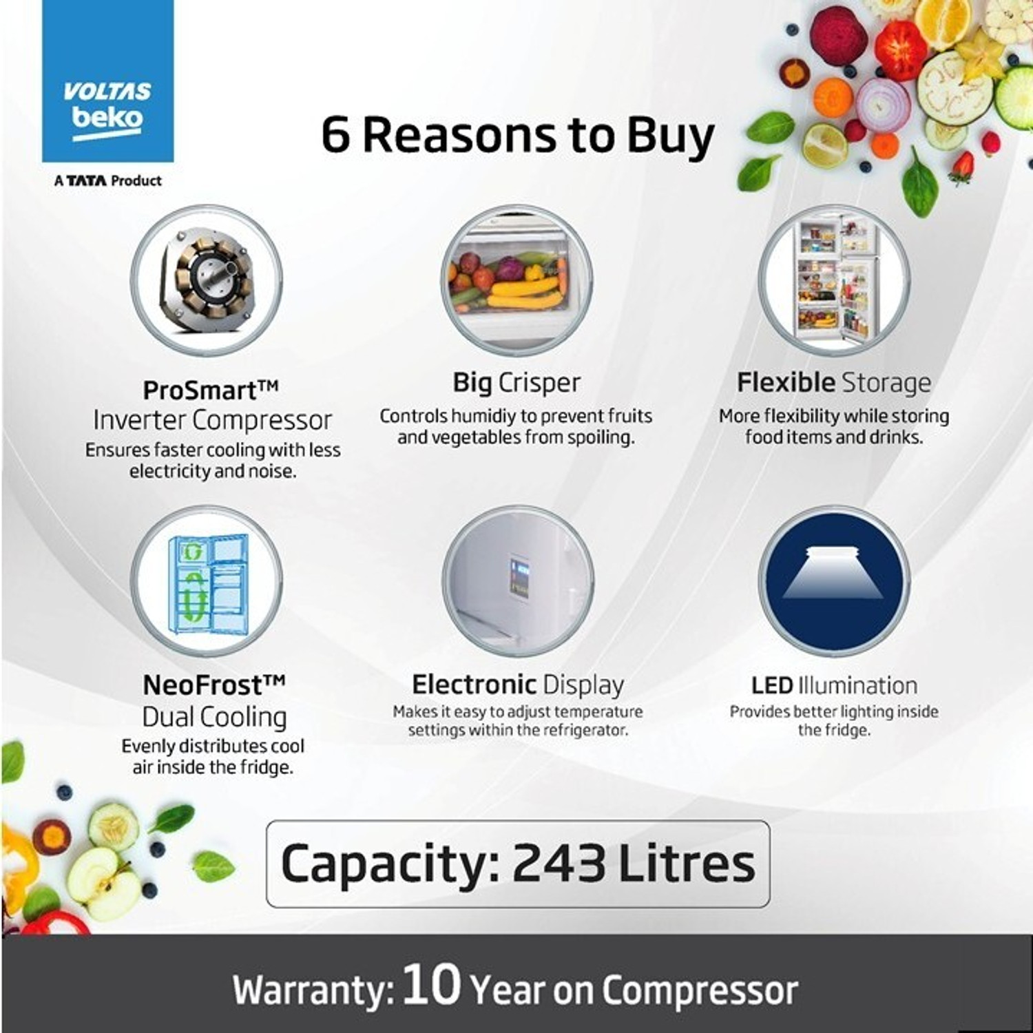 Image of Voltas Beko 243 L Frost Free Double Door 2 Star Refrigerator