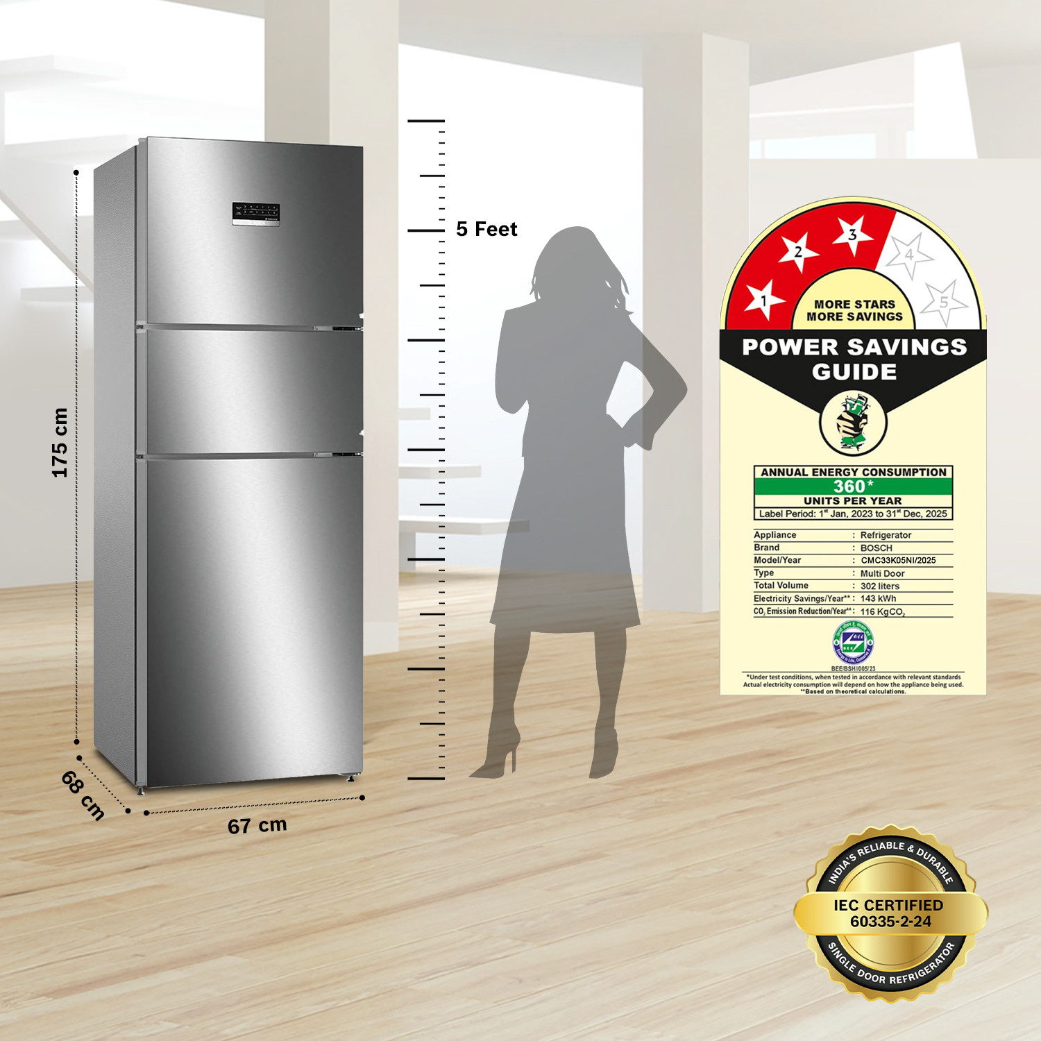 Image of BOSCH 303 L Frost Free Triple Door Refrigerator