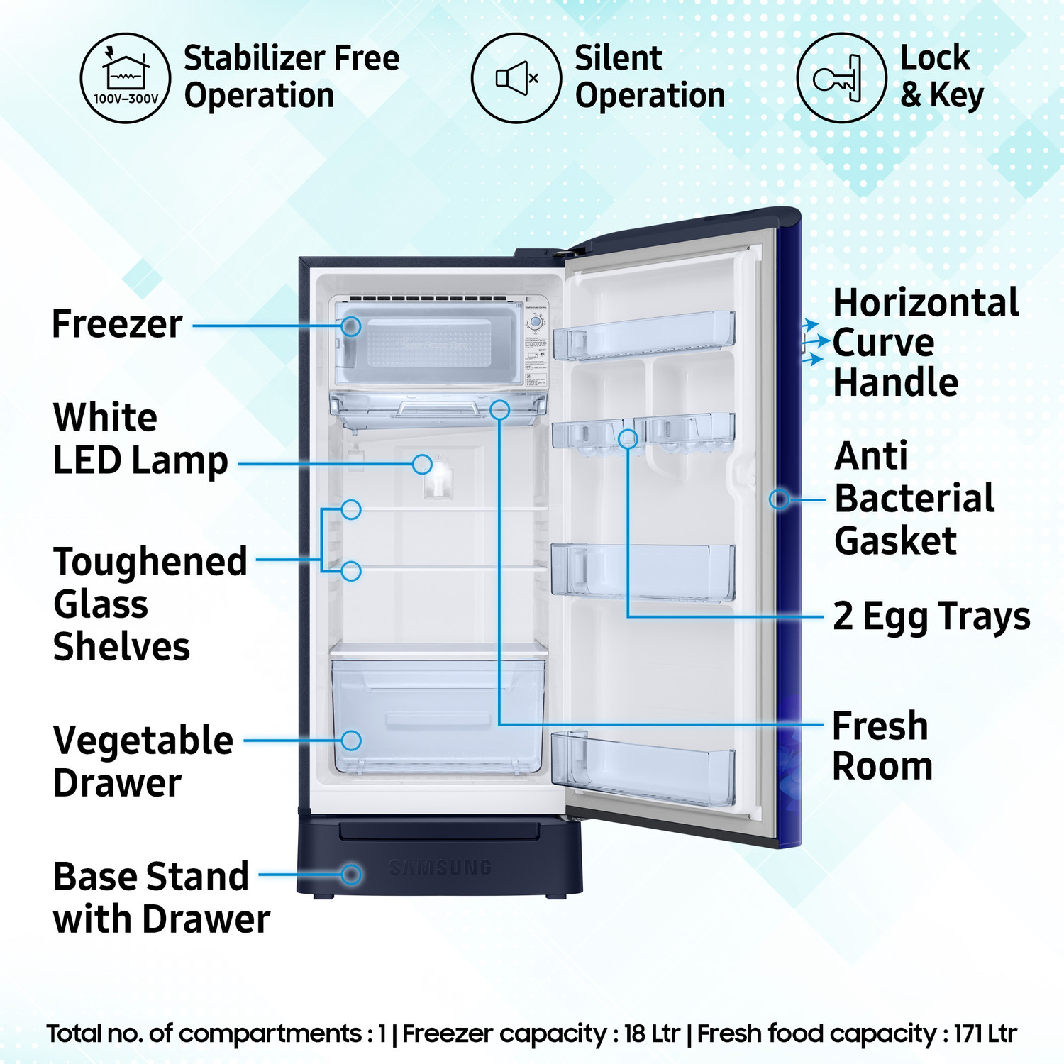 Image of Samsung 189 L Direct Cool Single Door 4 Star Refrigerator with Base Drawer with Digital Inverter, Single Touch Defrost, 2026 Model