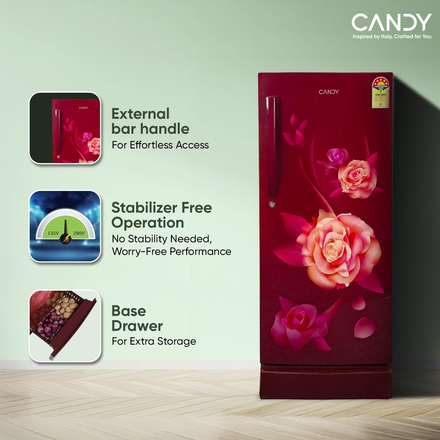 Image of CANDY 190 L Direct Cool Single Door 5 Star Refrigerator with Base Drawer with Jumbo Fruit and vegetable Box