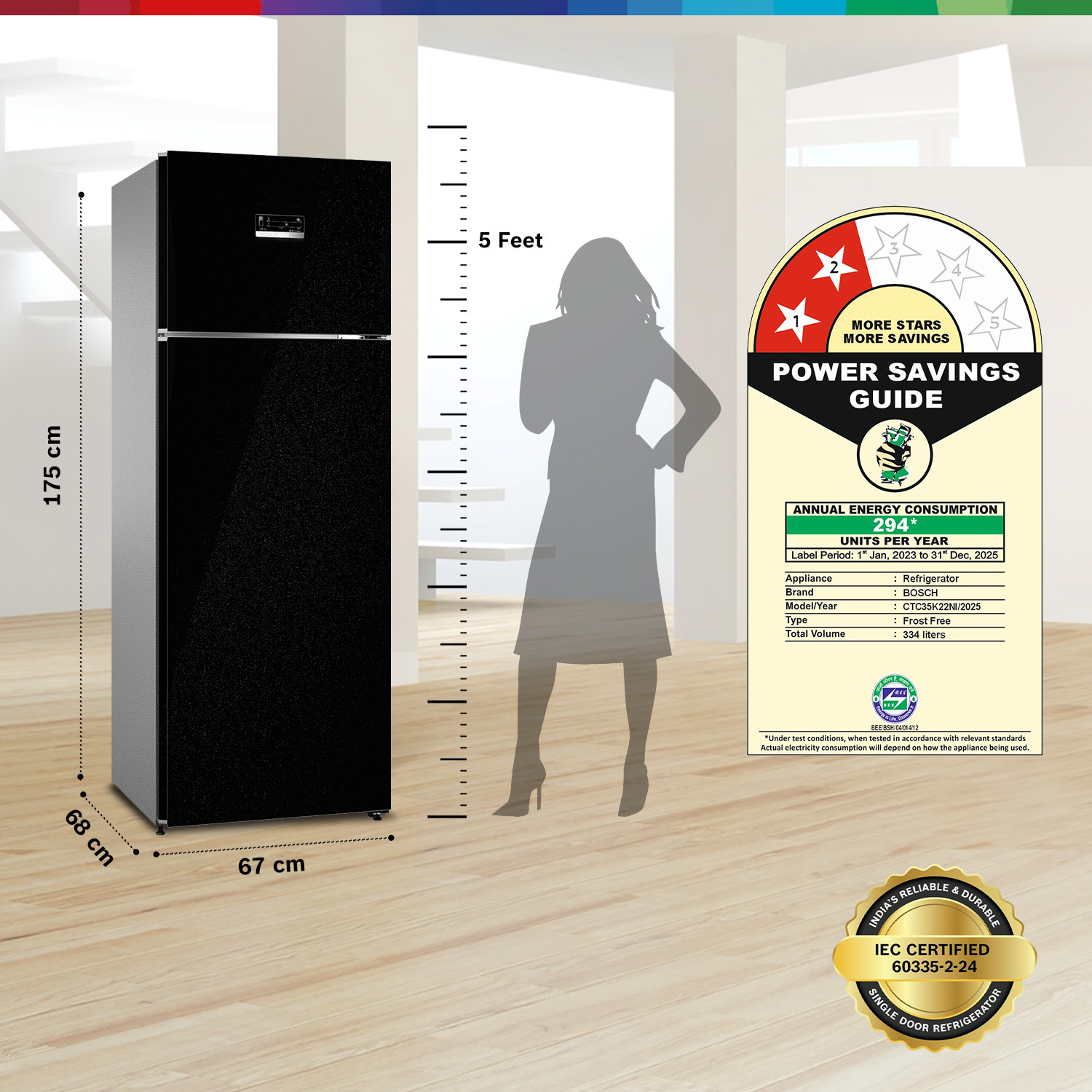 Image of BOSCH 334 L Frost Free Double Door 2 Star Convertible Refrigerator with Large LED Display, Inverter Frost Free ,VitaFresh Technology for 10 Day Freshness, Integrated Handle
