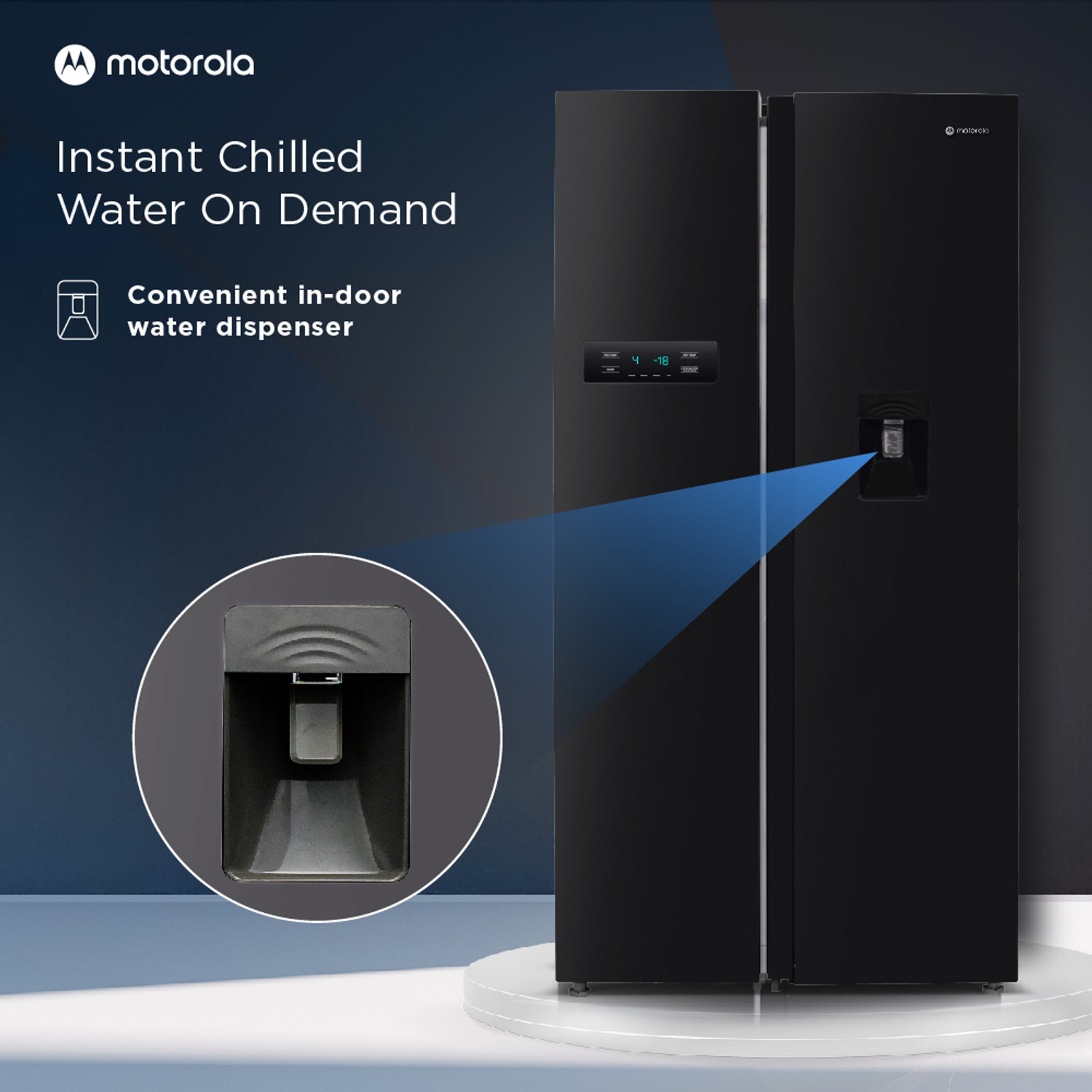 Image of MOTOROLA 584 L Frost Free Side by Side Refrigerator with Water Dispenser, Intelligent LED Touch Control Panel and Smart Adaptive Cooling