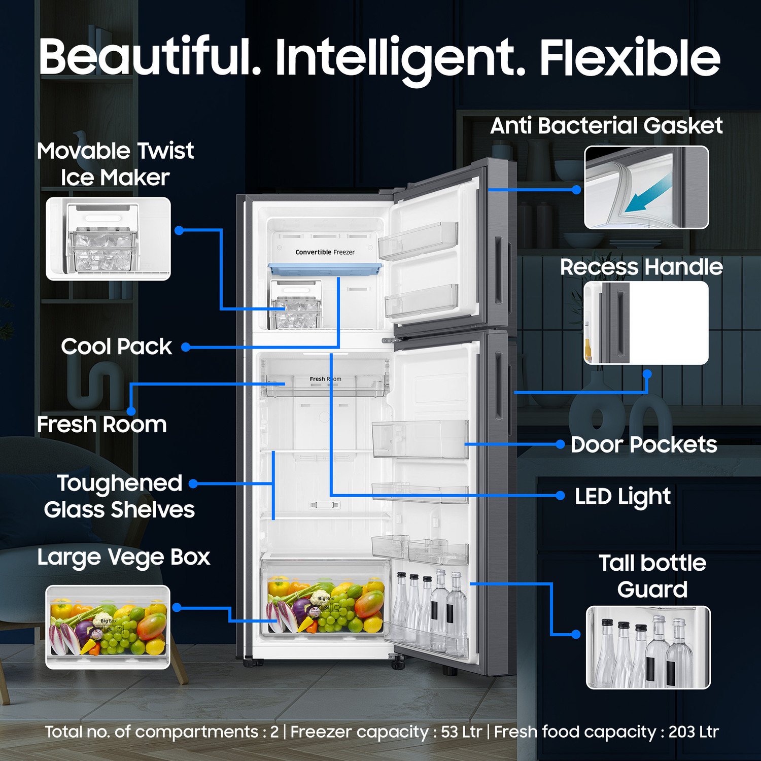 Image of Samsung 256 L Frost Free Double Door 3 Star Convertible Refrigerator with Convertible, Wifi Enabled, Bespoke AI, Digital Inverter, 2026 Model