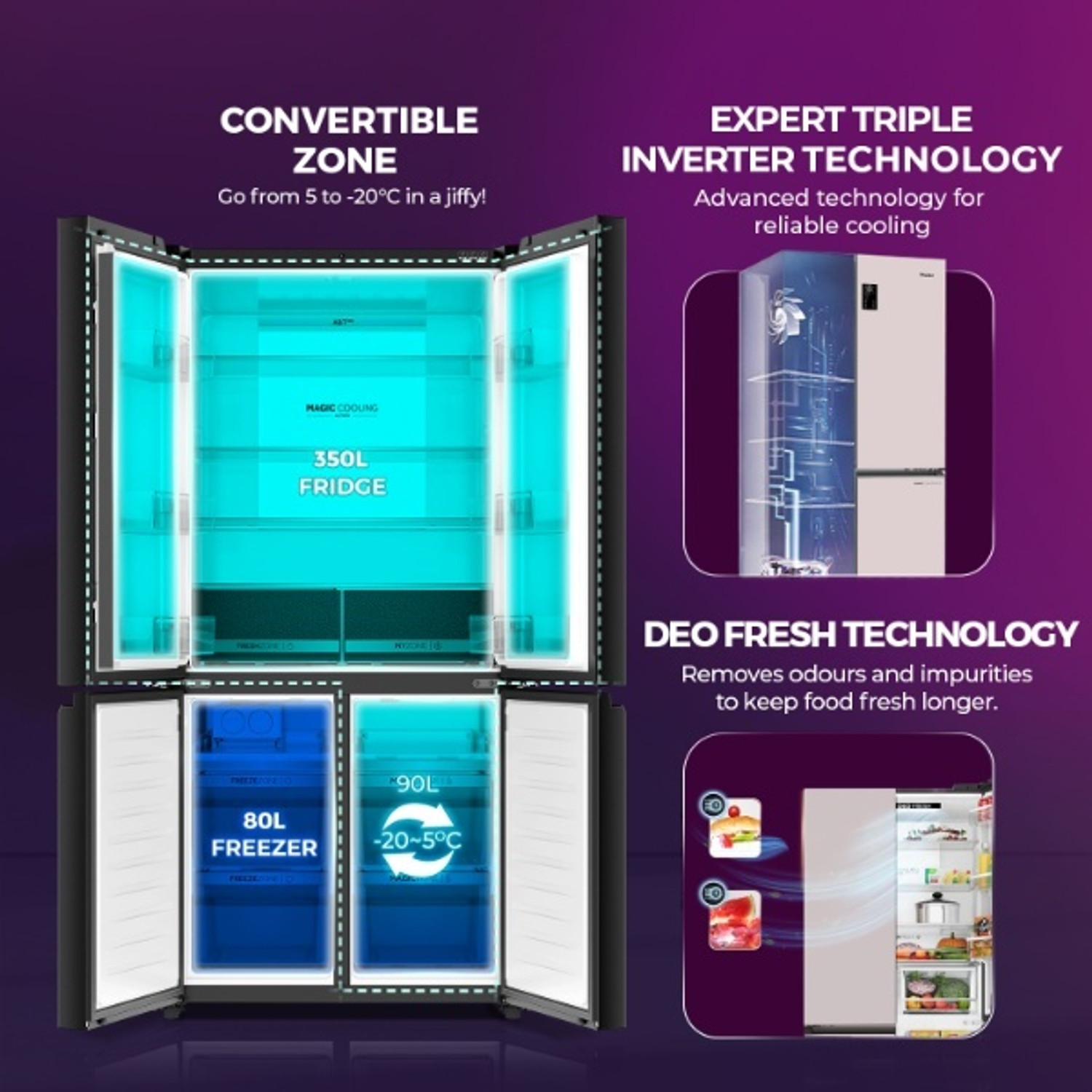 Image of Haier 520 L Frost Free Multi-Door 3 Star Convertible Refrigerator with Lumiere,Triple Inverter French Door Side by Side (Magic Convertible Zone, Vogue Colourful Steel, Deo Fresh Technology,2026 Model)