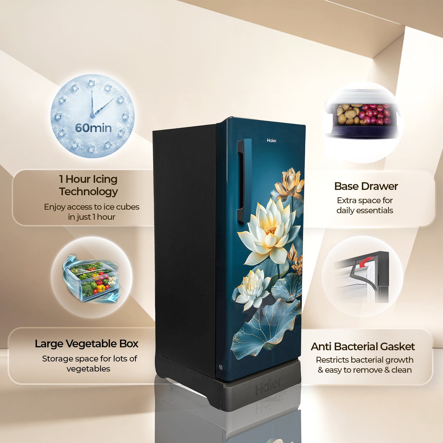 Image of Haier 190 L Direct Cool Single Door 5 Star Refrigerator with Base Drawer with Base Stand Drawer, Fast Ice Making, Easy Clean Back, Large Vegetable Box ( 2026 Model)