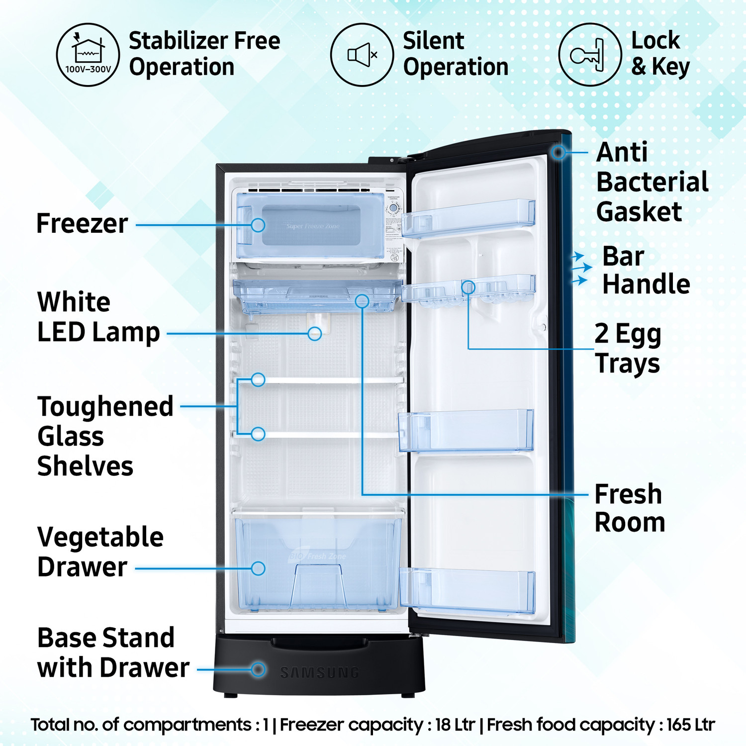 Image of Samsung 183 L Direct Cool Single Door 4 Star Refrigerator with Base Drawer with Digital Inverter, Single Touch Defrost, 2026 Model