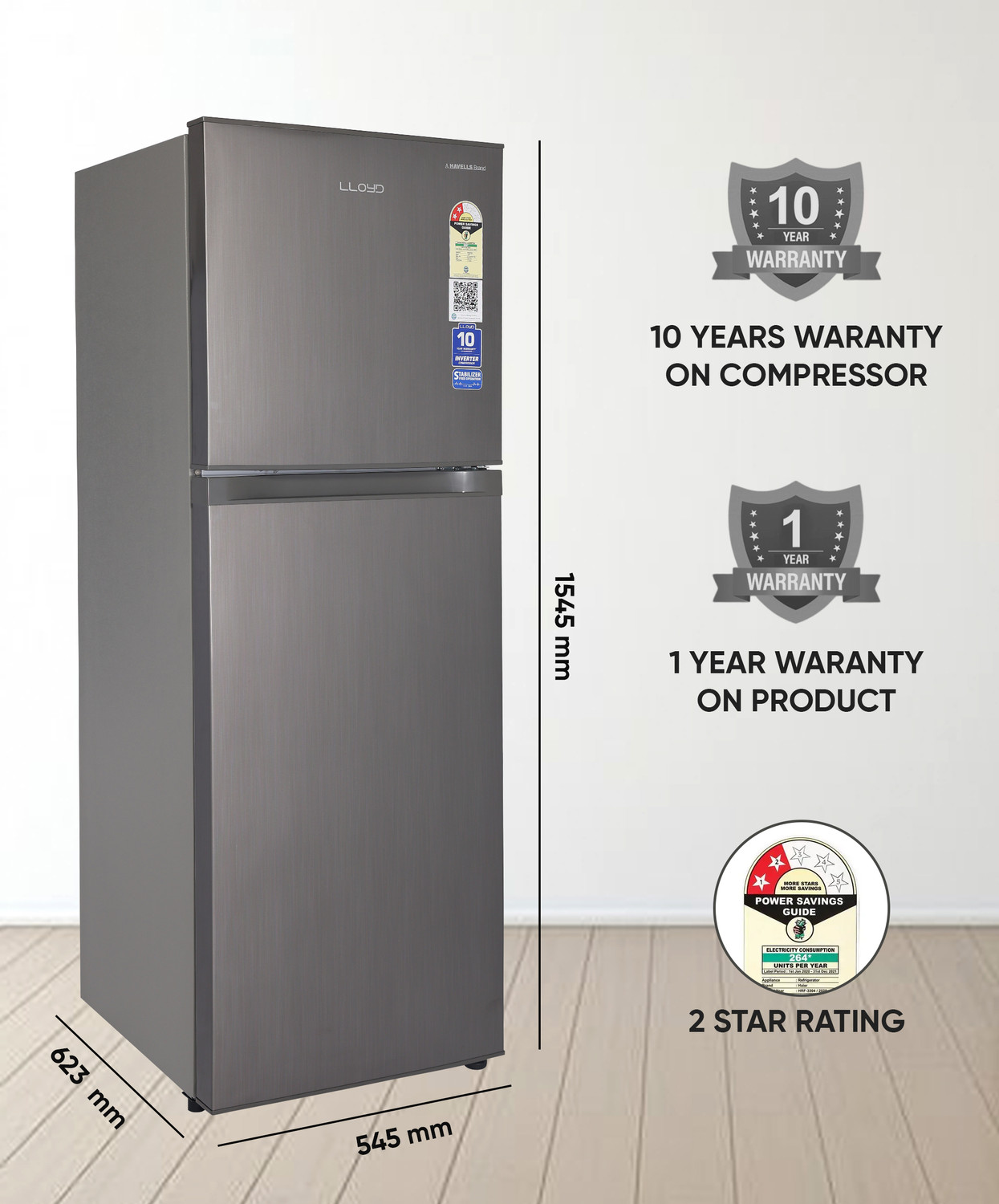 Image of Lloyd by Havells 233 L Frost Free Double Door 2 Star Refrigerator with with Inverter Technology, Ten Vent Technology, Chiller Tray, Fleximax Design
