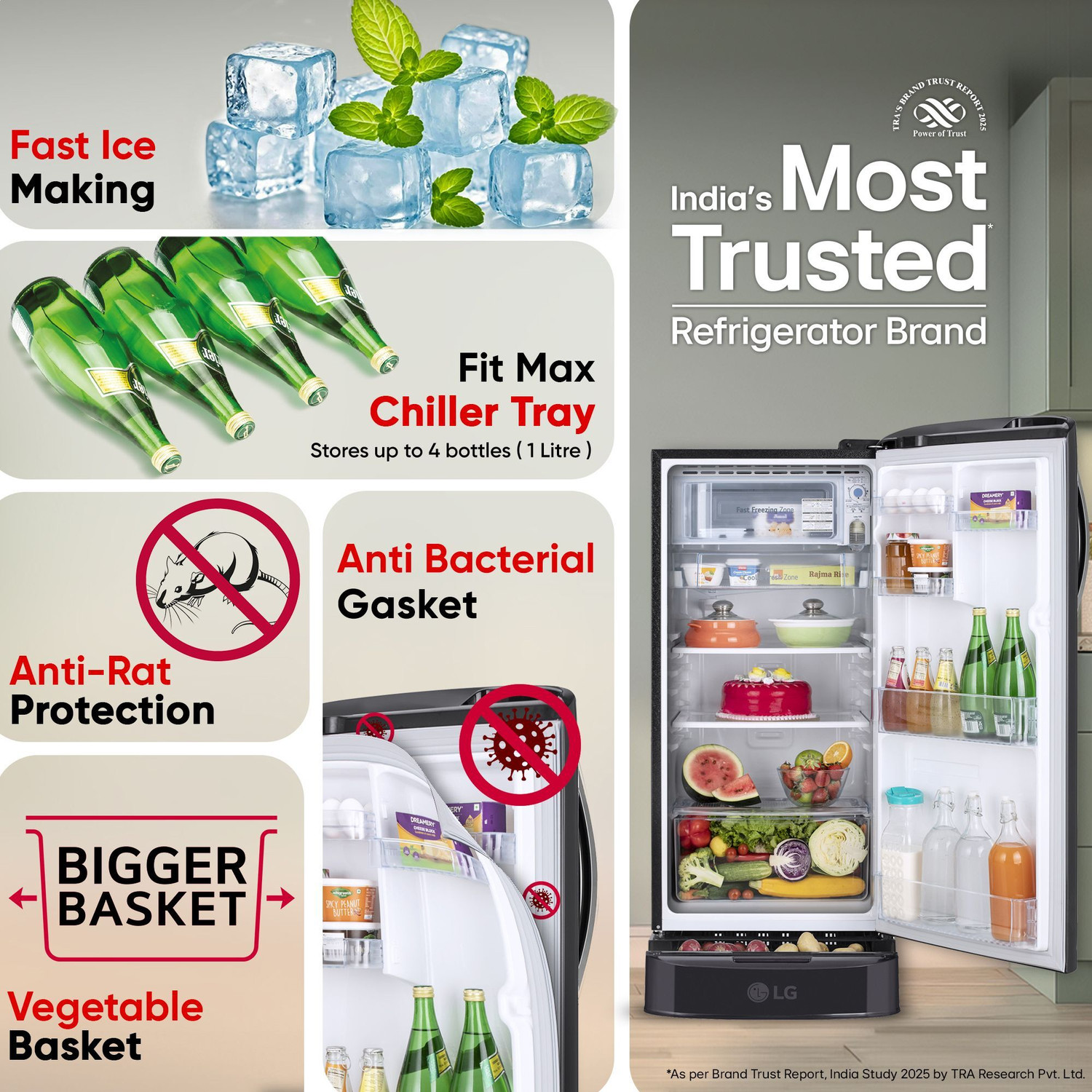 Image of LG 185 L Direct Cool Single Door 5 Star Refrigerator with Base Drawer with Smart Inverter Compressor, Fast Ice Making