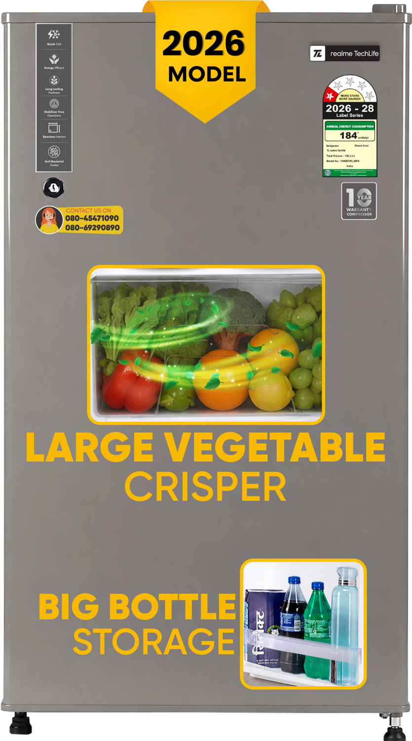 Image of realme TechLife 100 L Direct Cool Single Door 1 Star Refrigerator