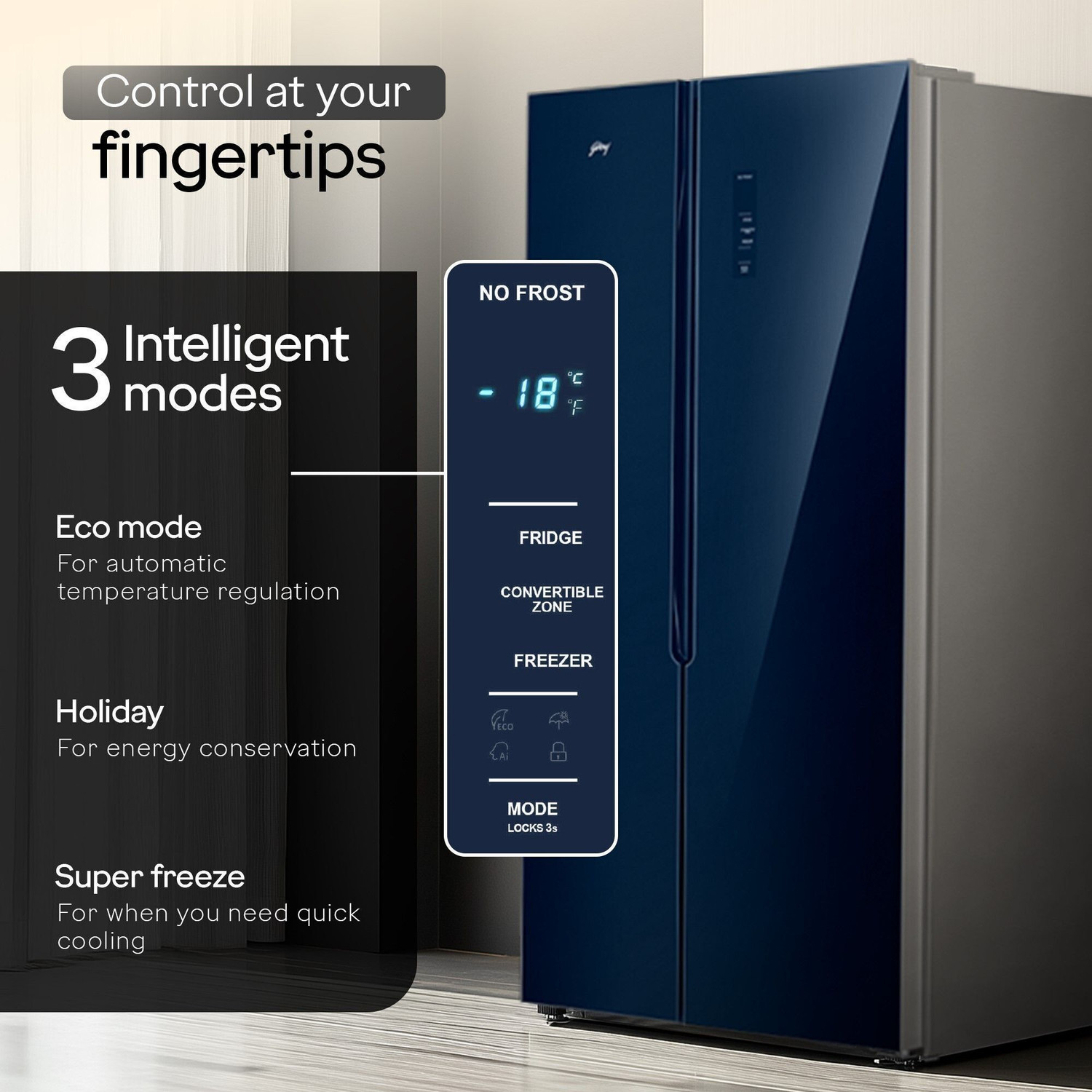 Image of Godrej 600 L Frost Free Side by Side 3 Star Refrigerator with Smart Convertible AI Powered 3 Intelligent Modes Glass Door Digital Touch Panel Inverter