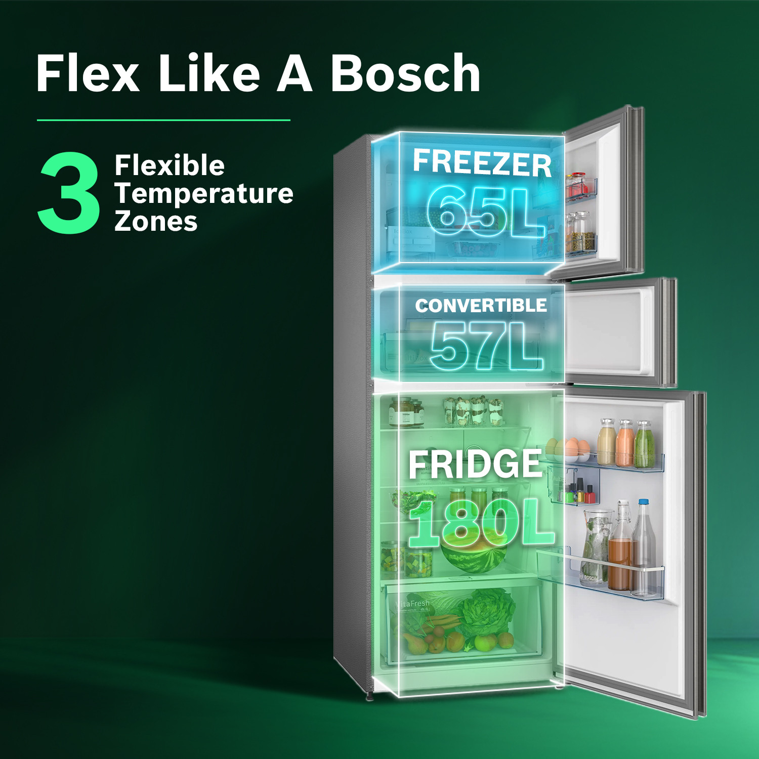 Image of BOSCH 302 L Frost Free Triple Door 3 Star Refrigerator with Large LED Display, 18 Hrs Cooling Retention,Adaptive Intelligence, VitaFresh 10 Day Fresh Technology