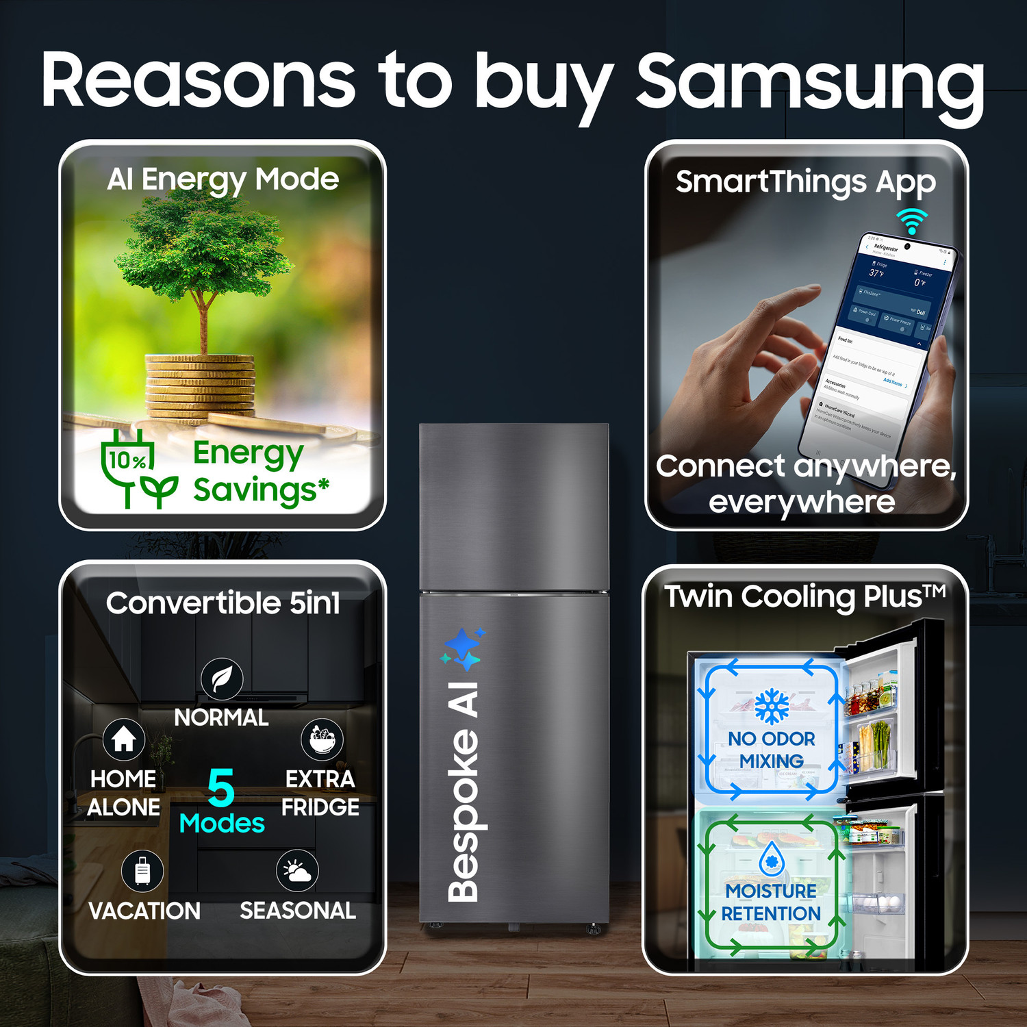 Image of Samsung 396 L Frost Free Double Door 3 Star Refrigerator with Convertible 5-in-1, Wifi Enabled, Bespoke AI, Digital Inverter, 2026 Model