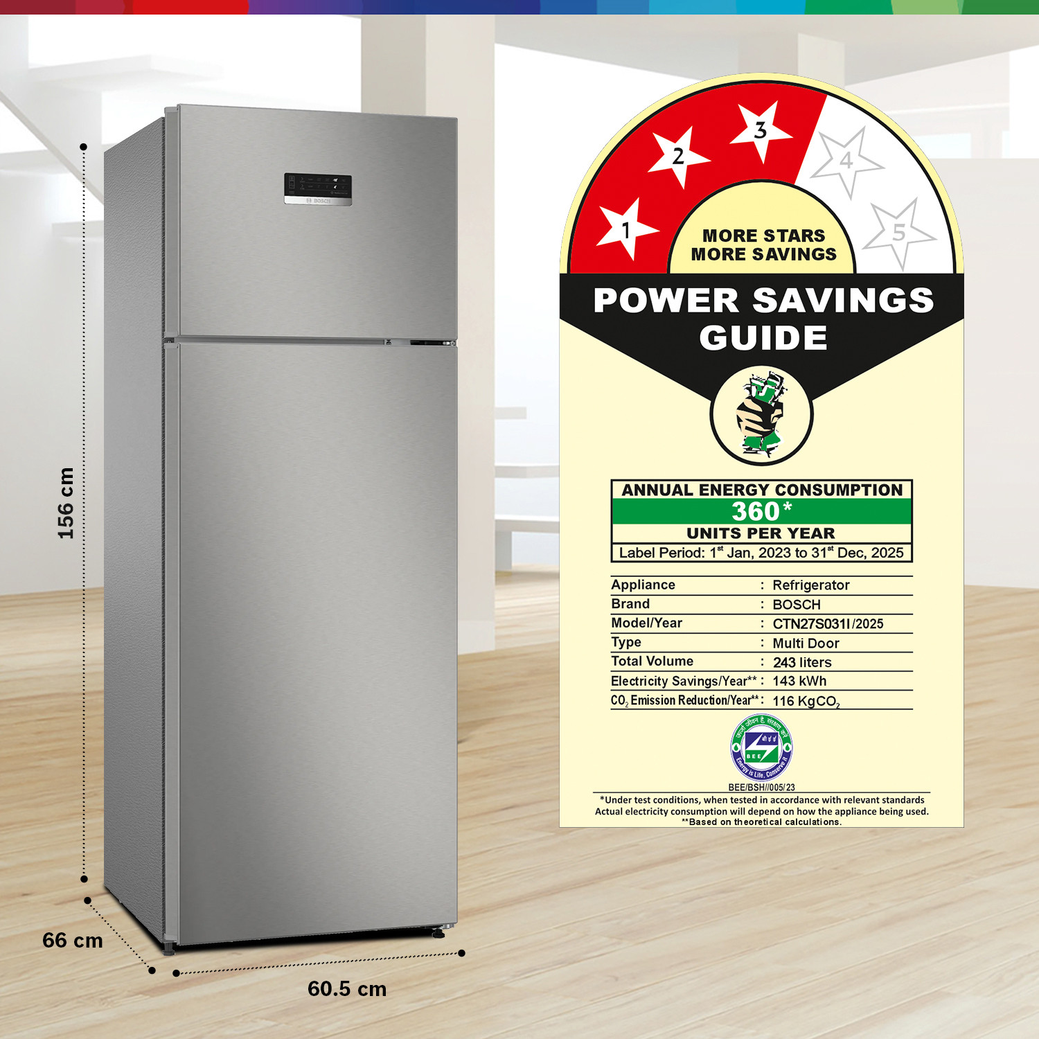 Image of BOSCH 243 L Frost Free Double Door 3 Star Refrigerator with Inverter Large LED Display, 18 Hrs Cooling Retention, Integrated Handle