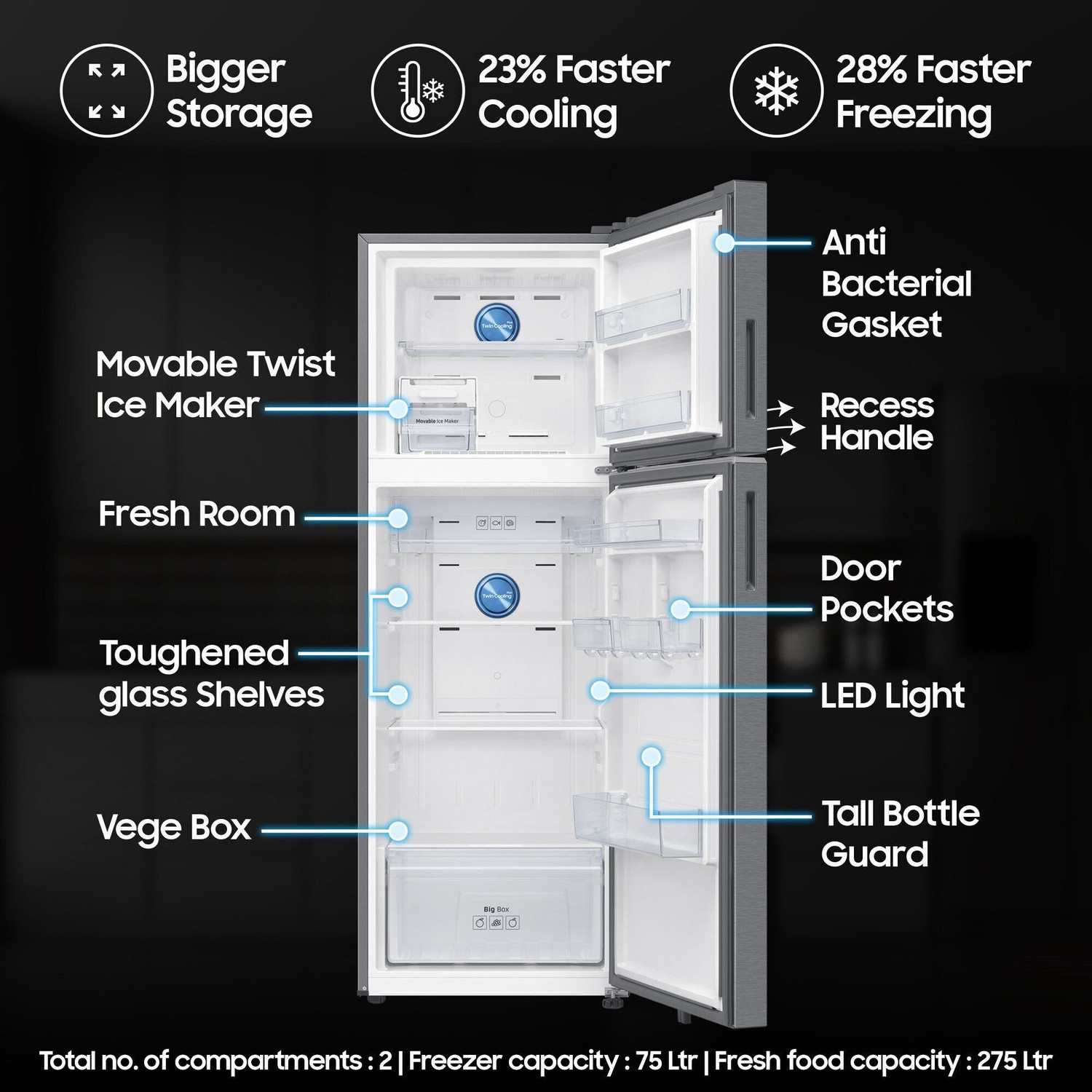 Image of Samsung 350 L Frost Free Double Door 2 Star Convertible Refrigerator with 5-in-1, Digital Inverter, WiFi Enabled Bespoke AI