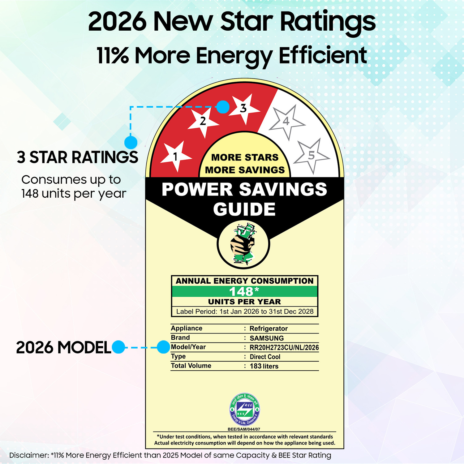 Image of Samsung 183 L Direct Cool Single Door 3 Star Refrigerator with Digital Inverter, Single Touch Defrost, 2026 Model