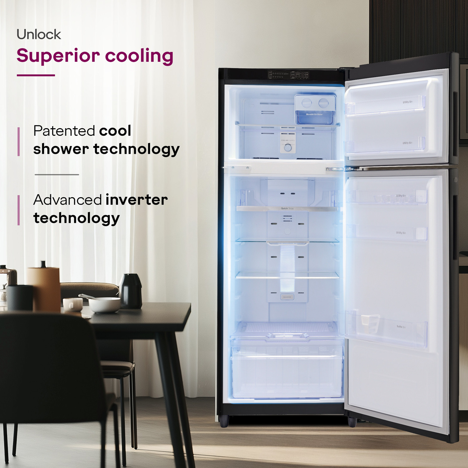 Image of Godrej 272 L Frost Free Double Door 2 Star Refrigerator with AI Powered 4-in-1 Freezer Convertible 30 Days Farm Freshness 95%+ Food Surface Disinfection