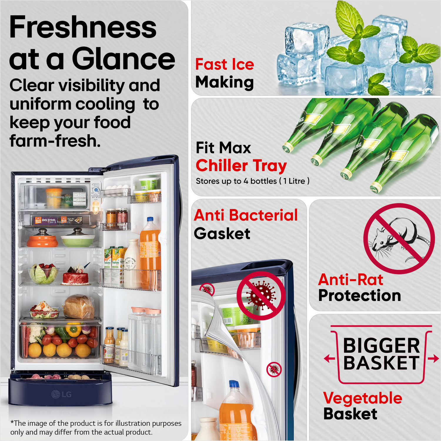 Image of LG 185 L Direct Cool Single Door 5 Star Refrigerator with Base Drawer with Smart Inverter Compressor, Runs on Home Inverter, Fit Max Chiller Tray & 2026 Model