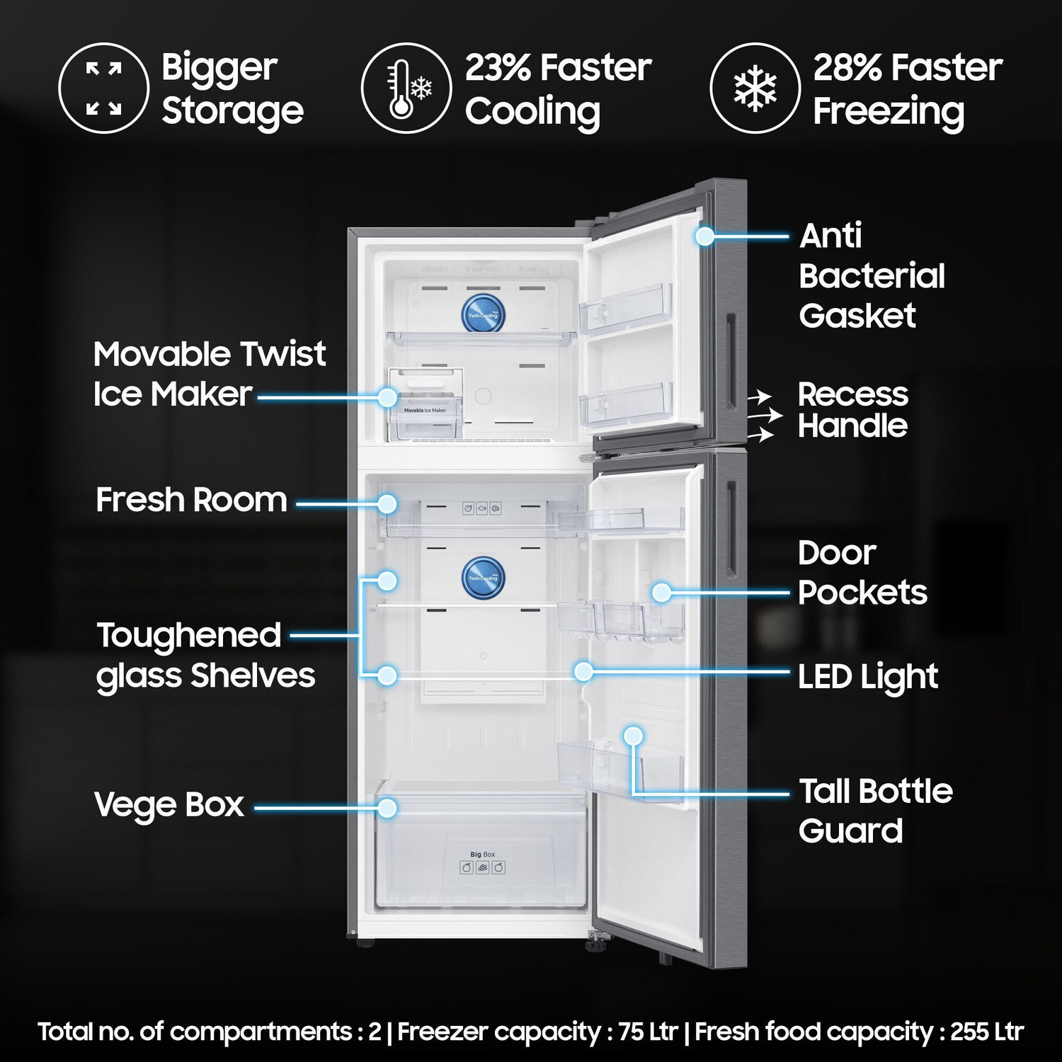Image of Samsung 330 L Frost Free Double Door 2 Star Convertible Refrigerator with 5-in-1, Digital Inverter, WiFi Enabled Bespoke AI