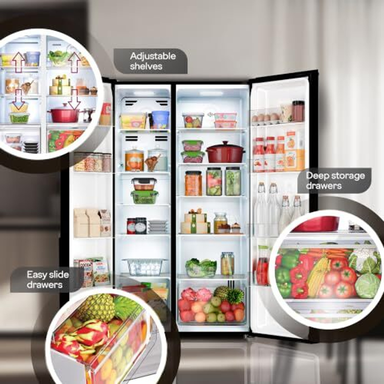 Image of Godrej 540 L Frost Free Side by Side 3 Star Refrigerator with AI Powered 4 Intelligent Modes Advanced Contol Panels Toughened Glass Door