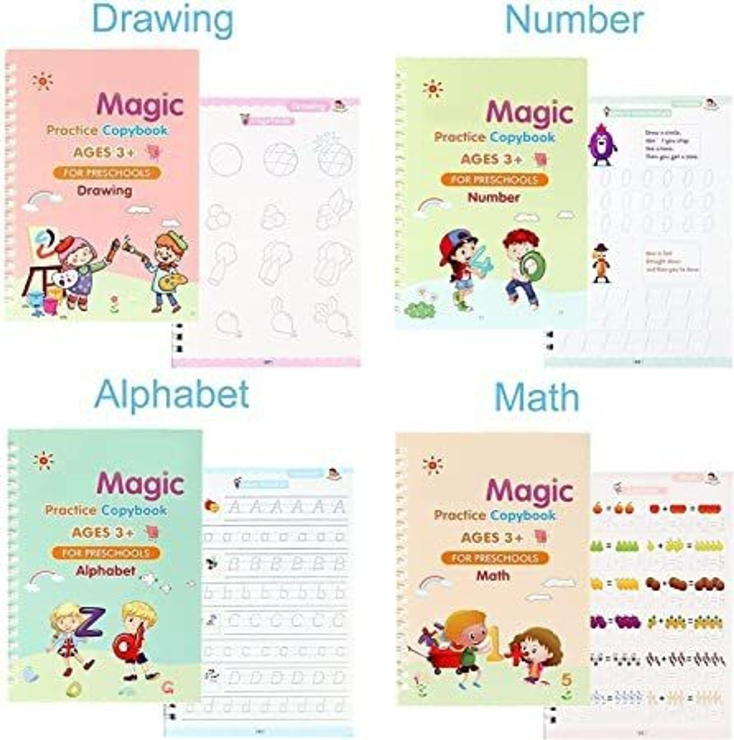 Image of KAUNOPILIS Magic Practice Textbook For Kids, Reusable Magic Calligraphy, Magical Handwriting Workbooks For Preschoolers (4 BOOKS + 1 PEN + 10 REFILLS + 1 GRIP)