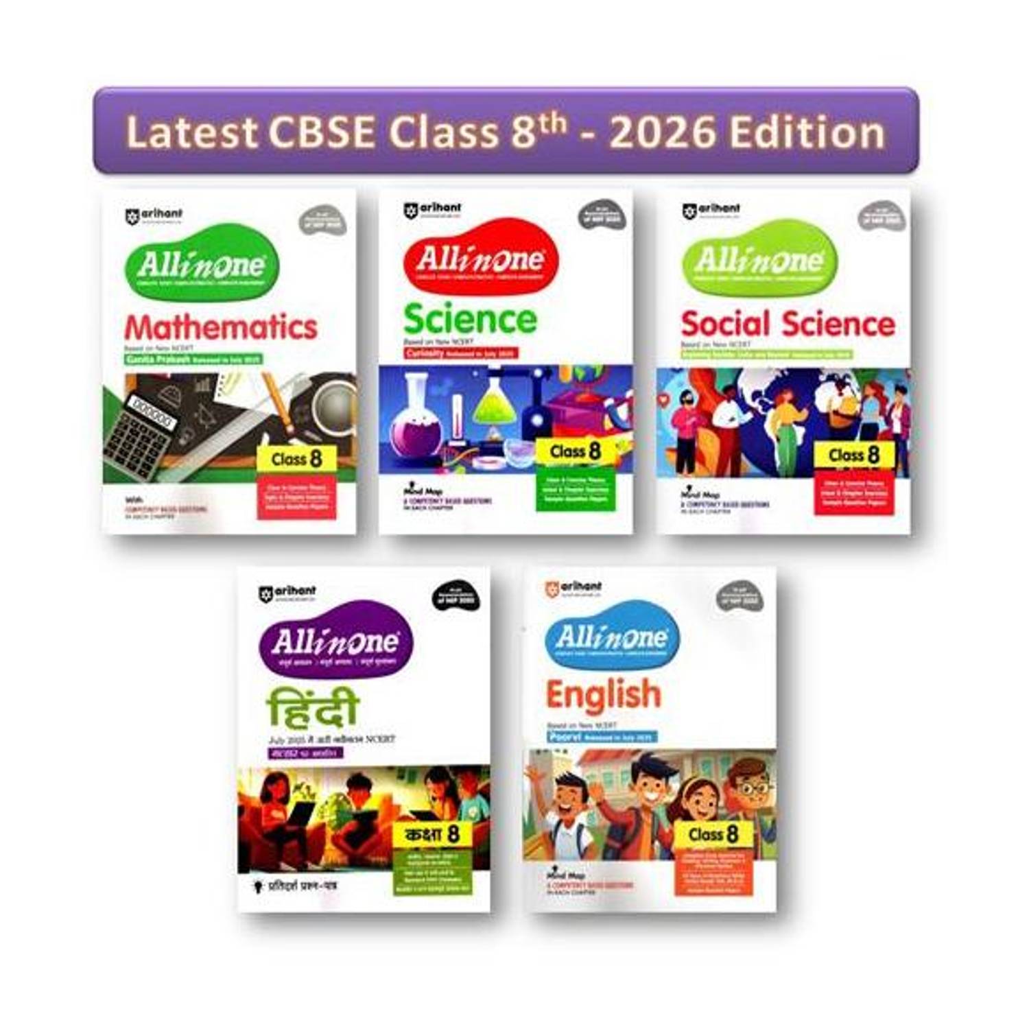 Arihant CBSE Class 8th All In One - Science, Social Science, Mathematics, English And Hindi (5-Books Set )Based On Latest NCERT For CBSE Exams 2027 | Mind Map | All Type Of Questions, MCQs, Extract Based, VSA, SA & LA (Set Of 5 Books)