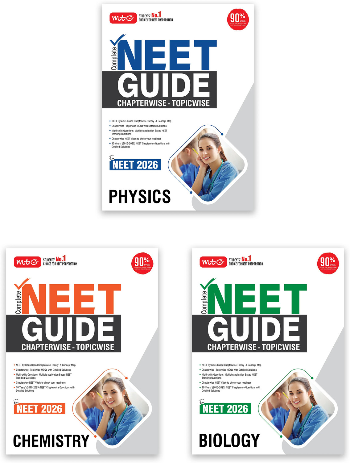 Image of MTG Complete NEET Guide Physics, Chemistry & Biology Book For 2026 Exam - NEET Syllabus Based Chapterwise Theory, Topicwise MCQs & Concept Map | 10 Previous Years PYQs With Detailed Solutions (Set Of 3)