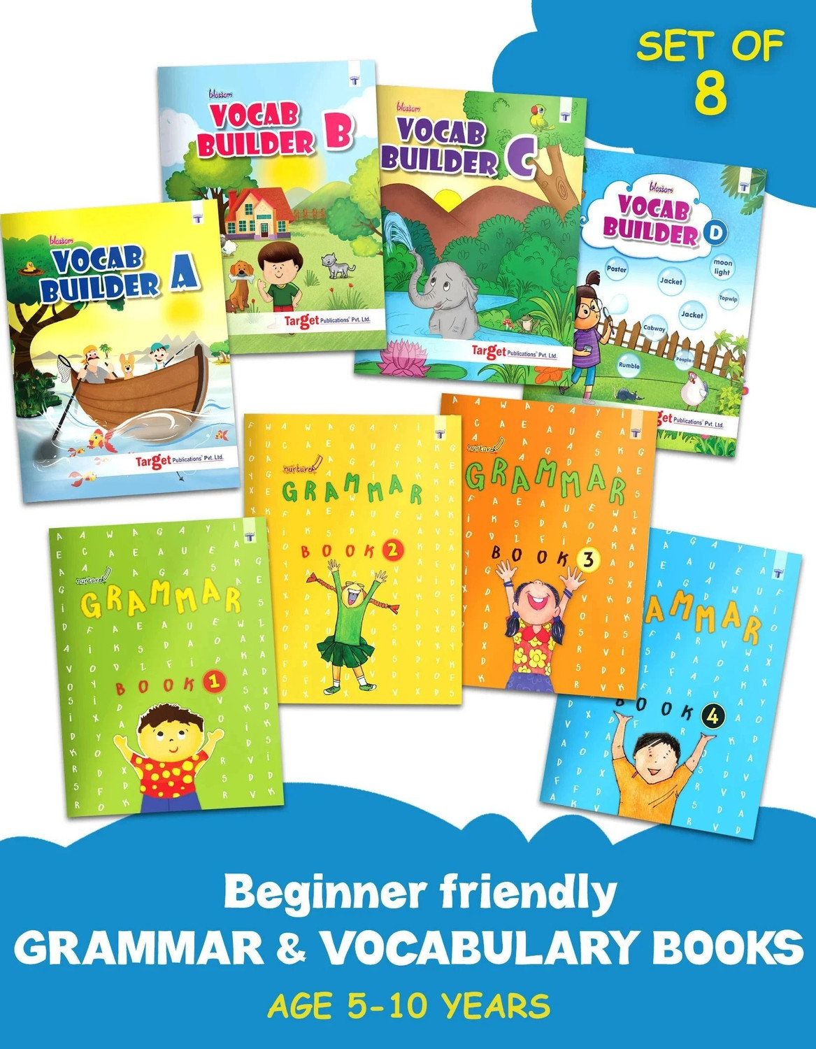 Image of English Grammar And Vocabulary Books For Kids 5 To 10 Years | Practice Exercises With Colourful Pictures For English Speaking And Learning | Pack Of 8