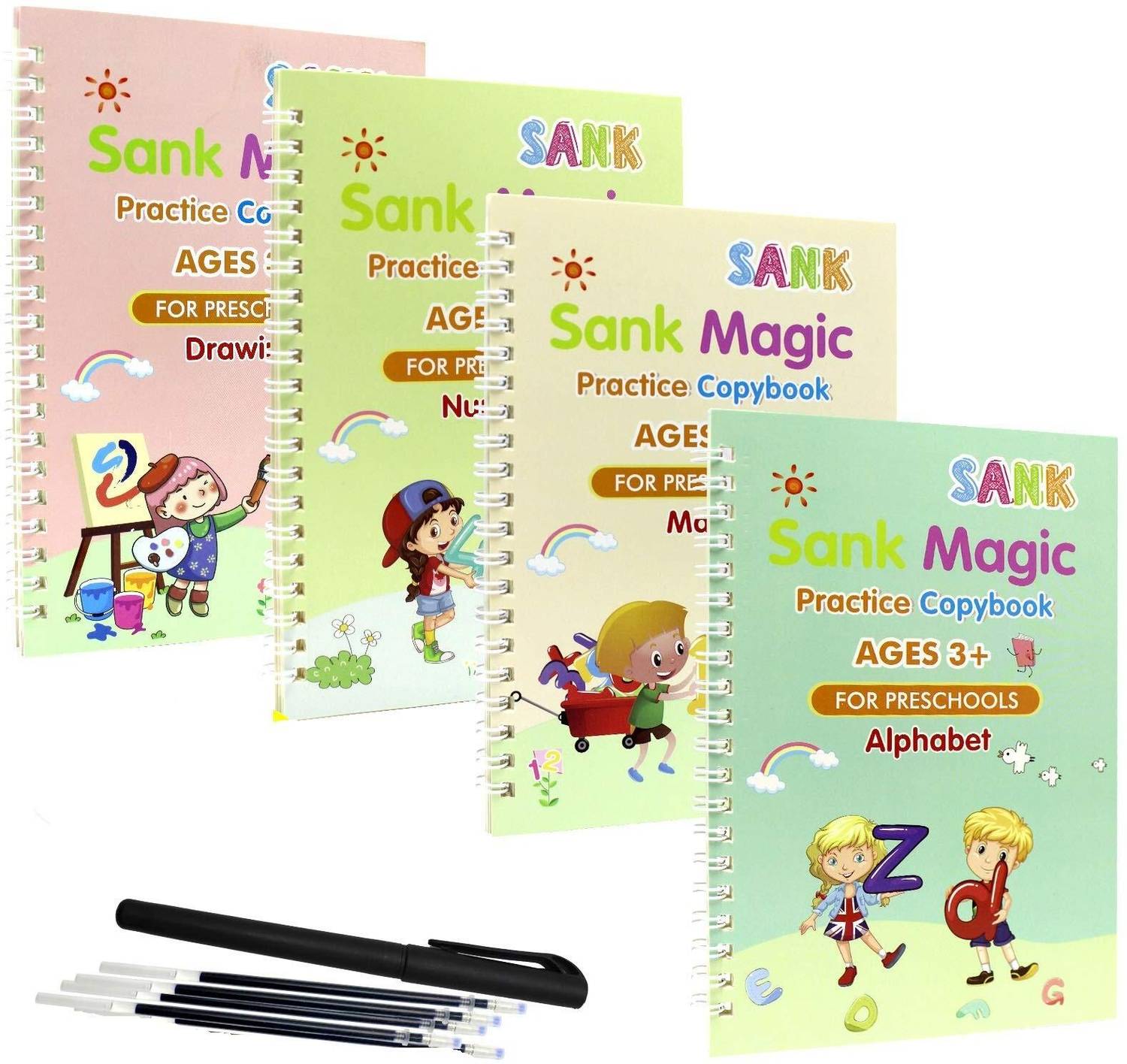 4PCS Sank Magic Practice Copybook Kids Book (4 Book+10 Refill), Magical Calligraphy Books For Kids