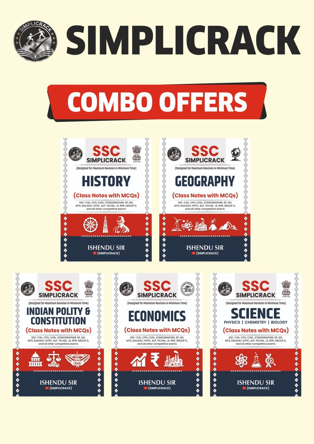 Image of SSC Simplirack Combo (5 Books) History, Geography, Indian Polity & Constitution, Economics And General Science Class Notes With MCQs For SSC CGL, CHSL, CPO, MTS, GD, Railway NTPC, ALP & Other Competitive Exams (Paperback, Ishendu Sir)
