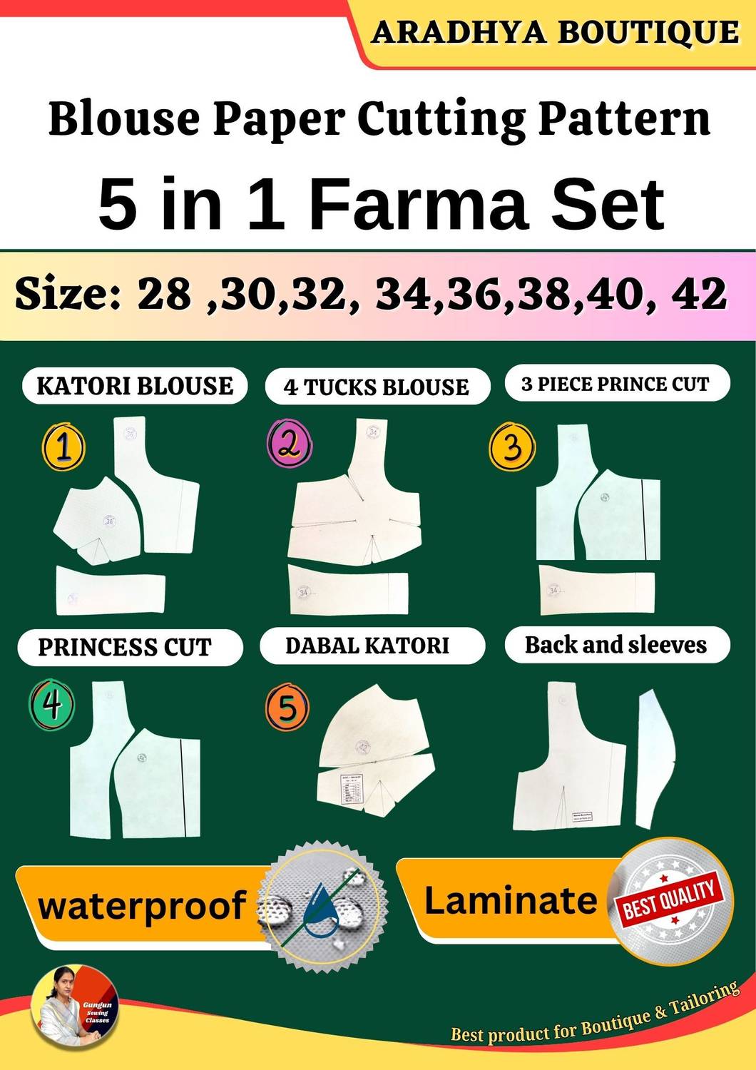 5 In 1 Blouse Paper Cutting Patterns Combo Farma Set All Size